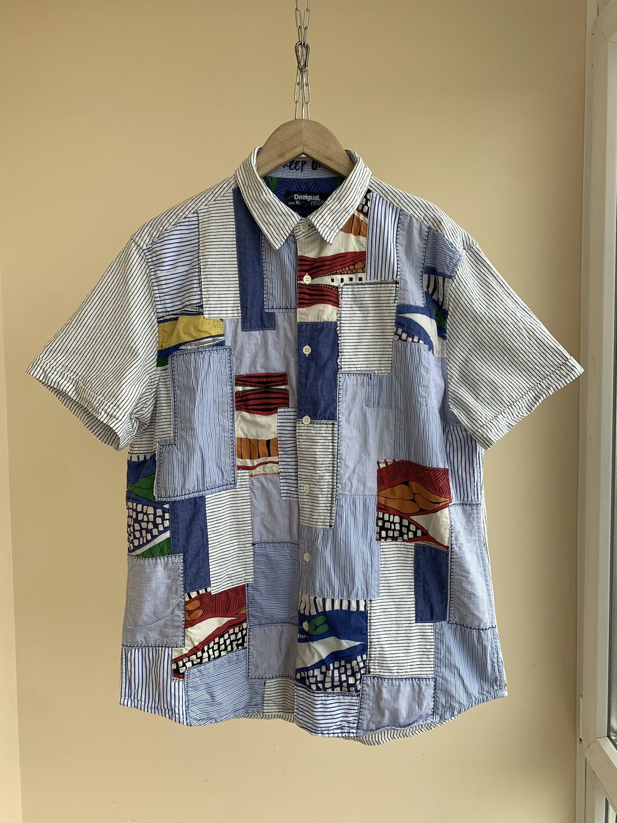 Desigual Salsa Slim Fit Patchwork Madras Striped Short Sleeve Shirt Size US XL / EU 56 / 4 - 1 Thumbnail