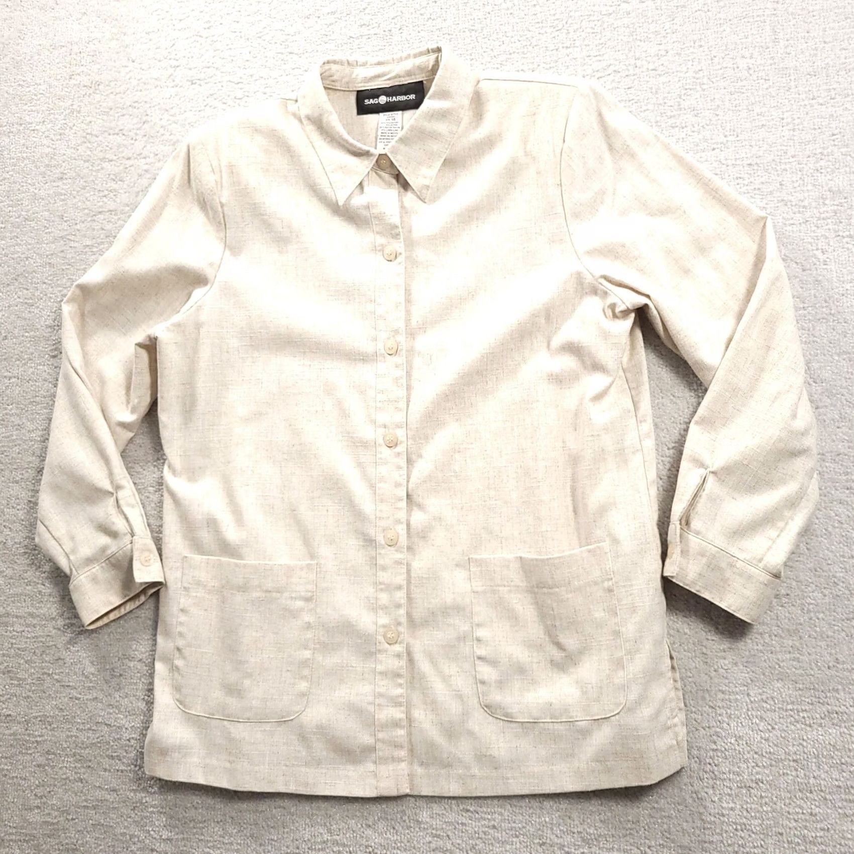 Vintage Sag Harbor Womens 14 Linen Blend Tan Beige Button-Up Top Shoulder Pads Pockets Shirt Casual Womens Size XL / US 12-14 / IT 48-50 - 2 Thumbnail