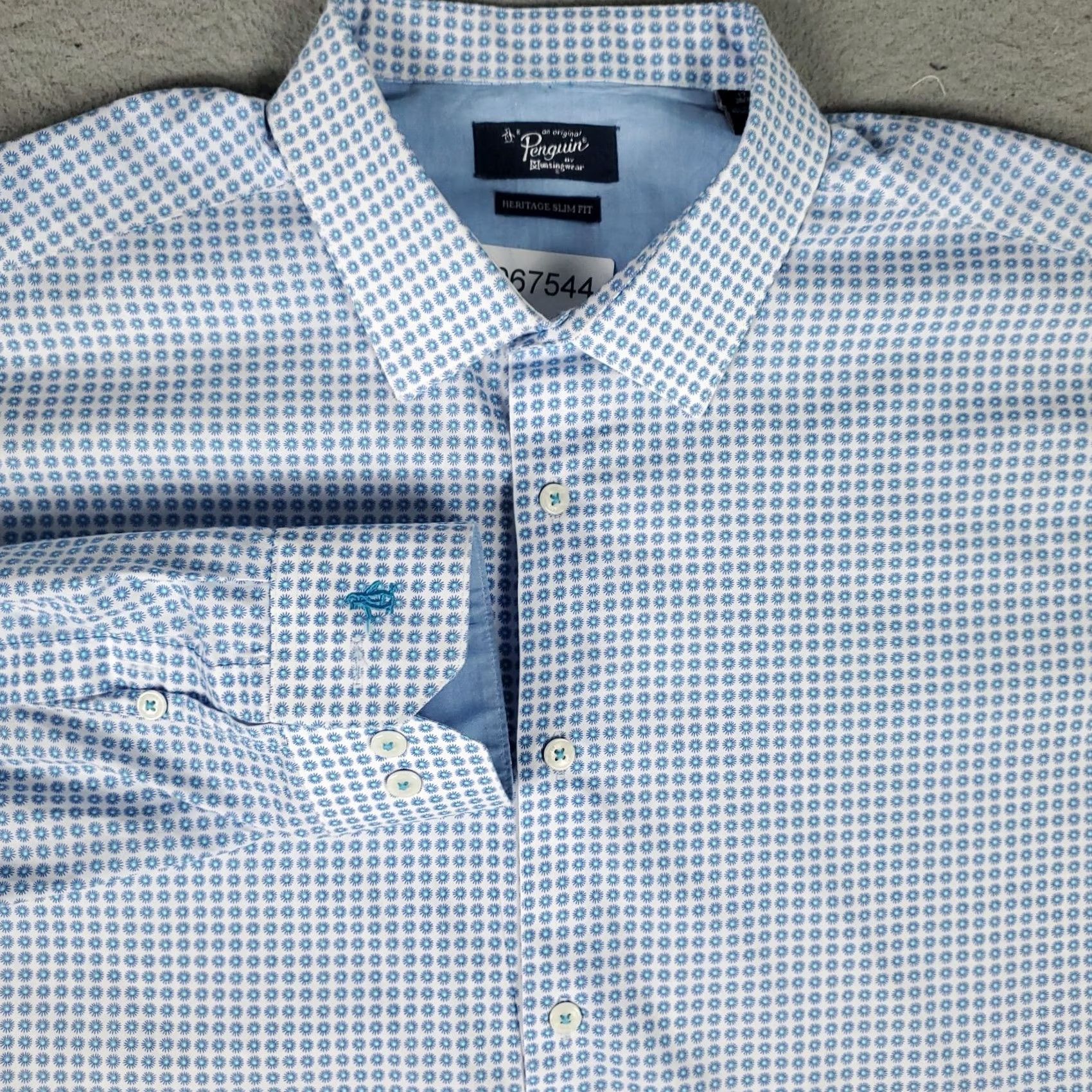 Vintage Penguin Shirt Mens 17 Blue White Geometric Dress Button Up Long Sleeve Size 46R - 2 Thumbnail