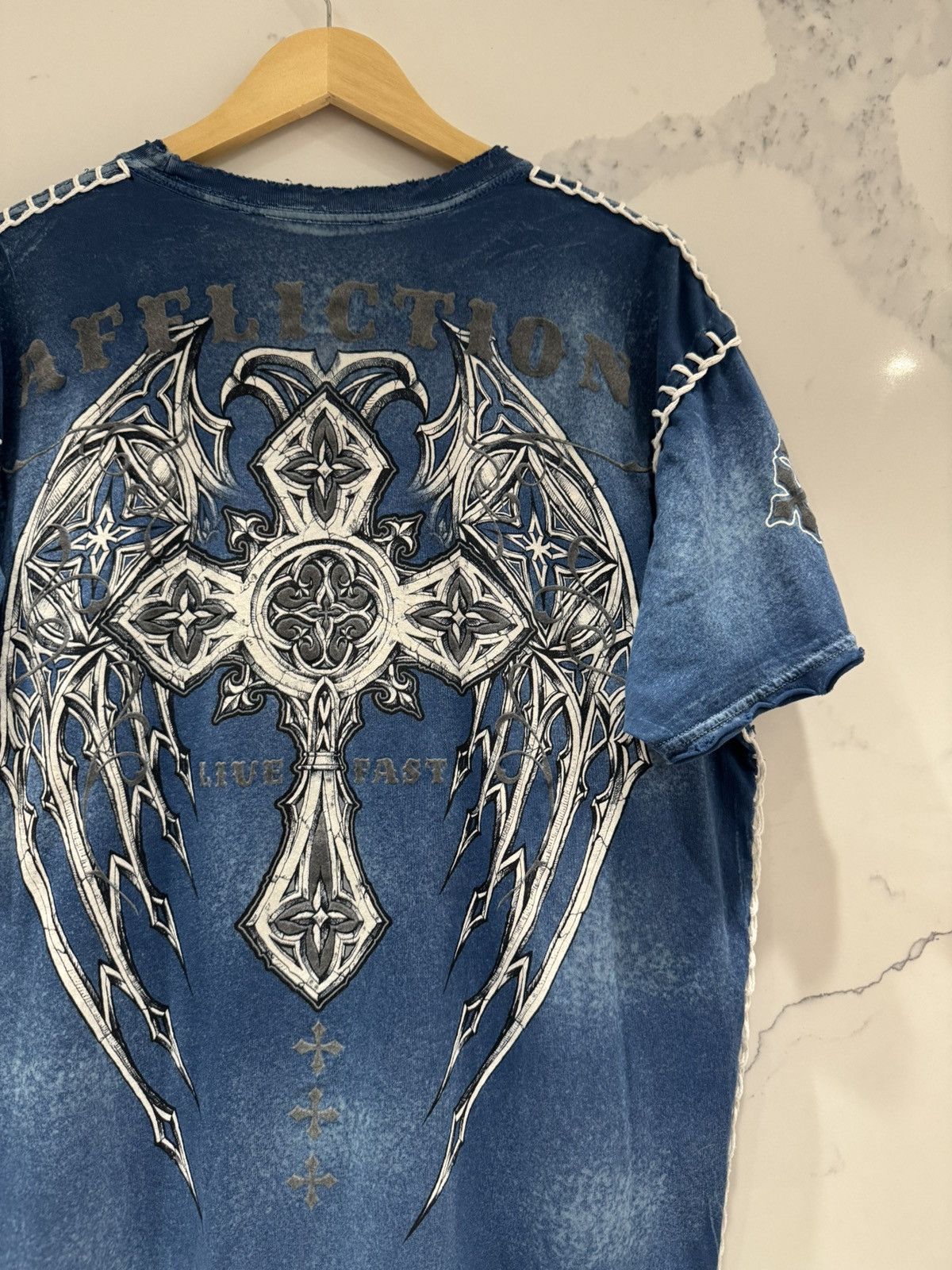 Affliction Vintage Y2K Affliction Live Fast Cross Acid Wash T Shirt Size US XL / EU 56 / 4 - 4 Thumbnail