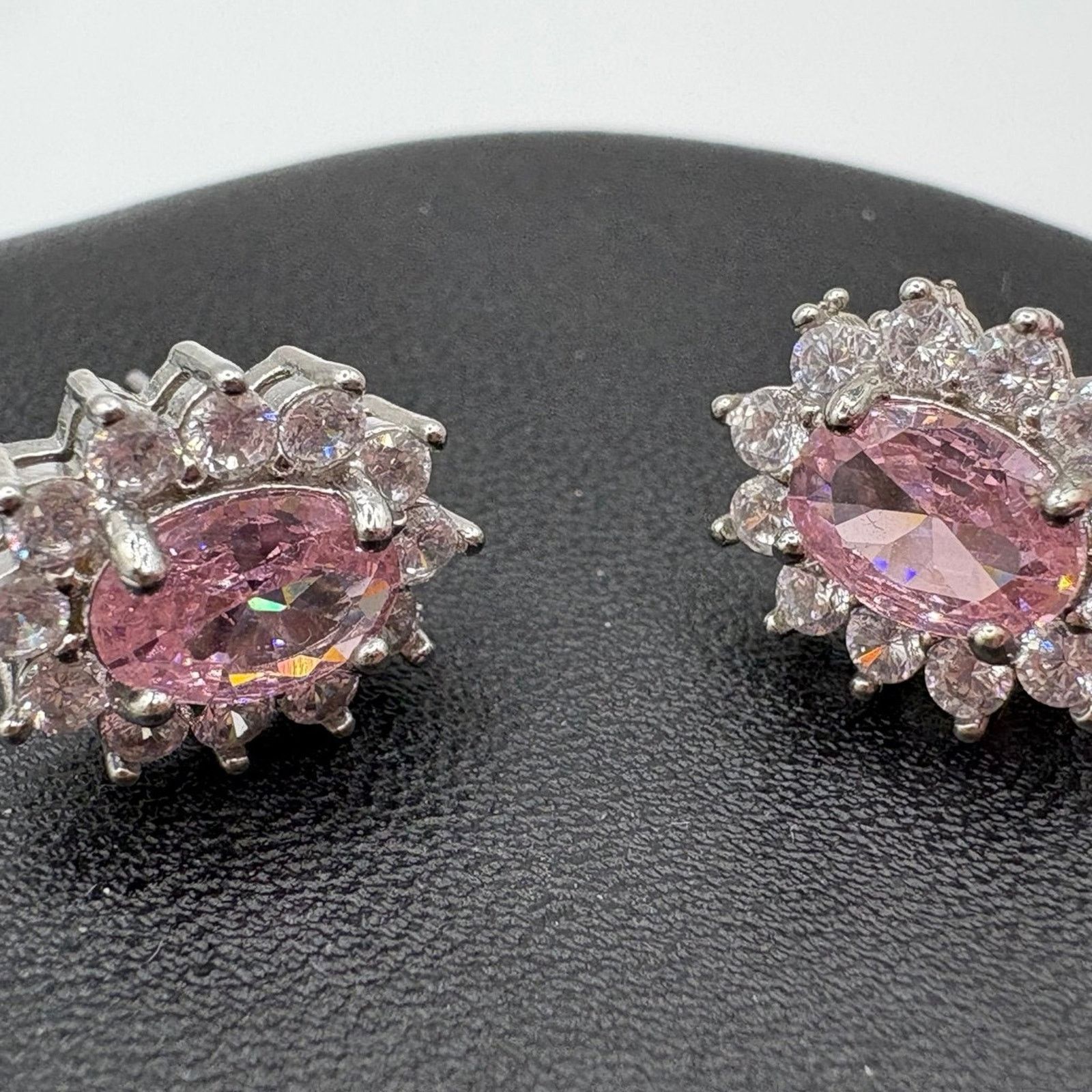 Handmade Sparkling Pink & White CZ Oval Halo Stud Earrings – Silver Size ONE SIZE - 1 Thumbnail