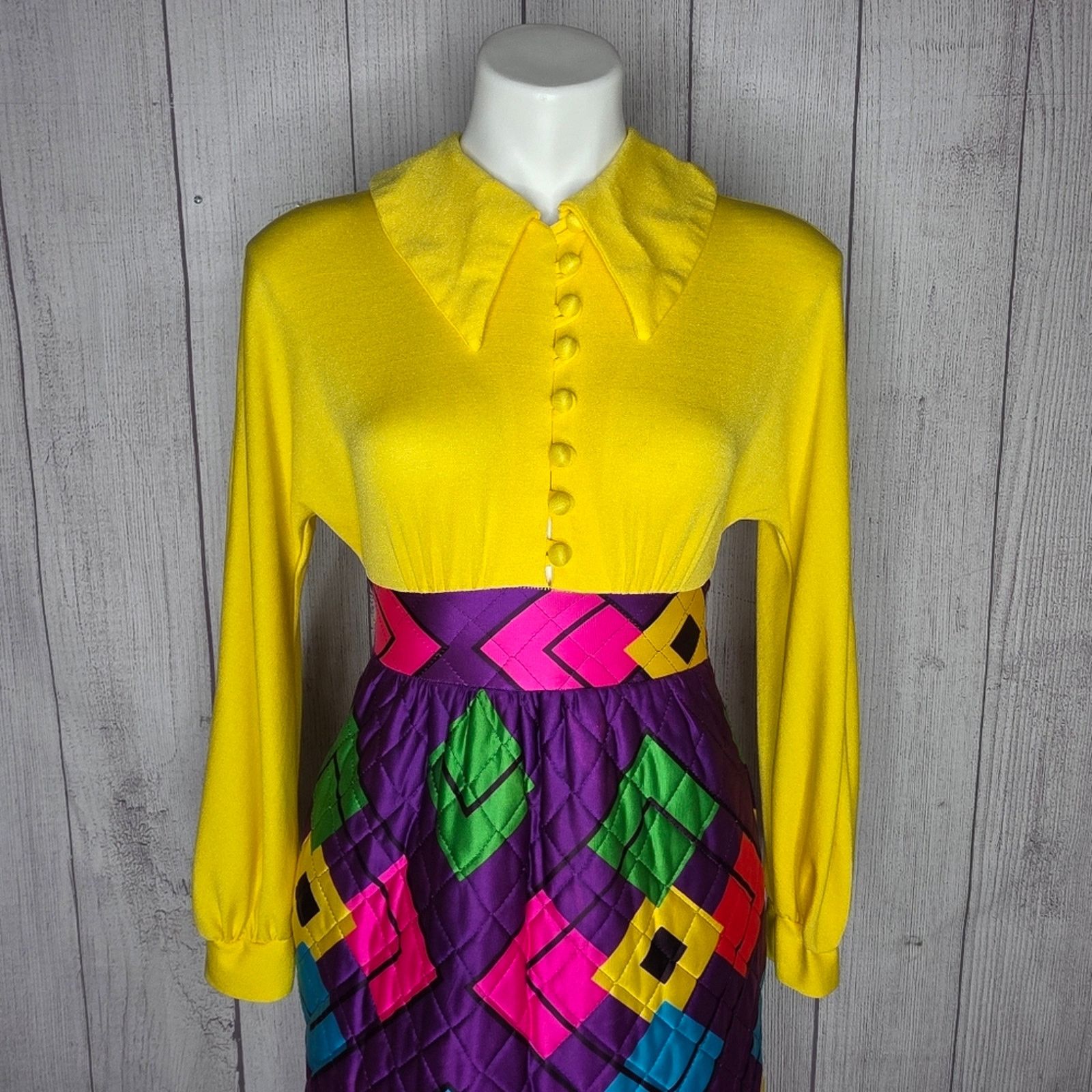 Vintage VTG Vivid Groovy Maxi Dress Dagger Collar Quilted Skirt Size XS / US 0-2 / IT 36-38 - 6 Thumbnail