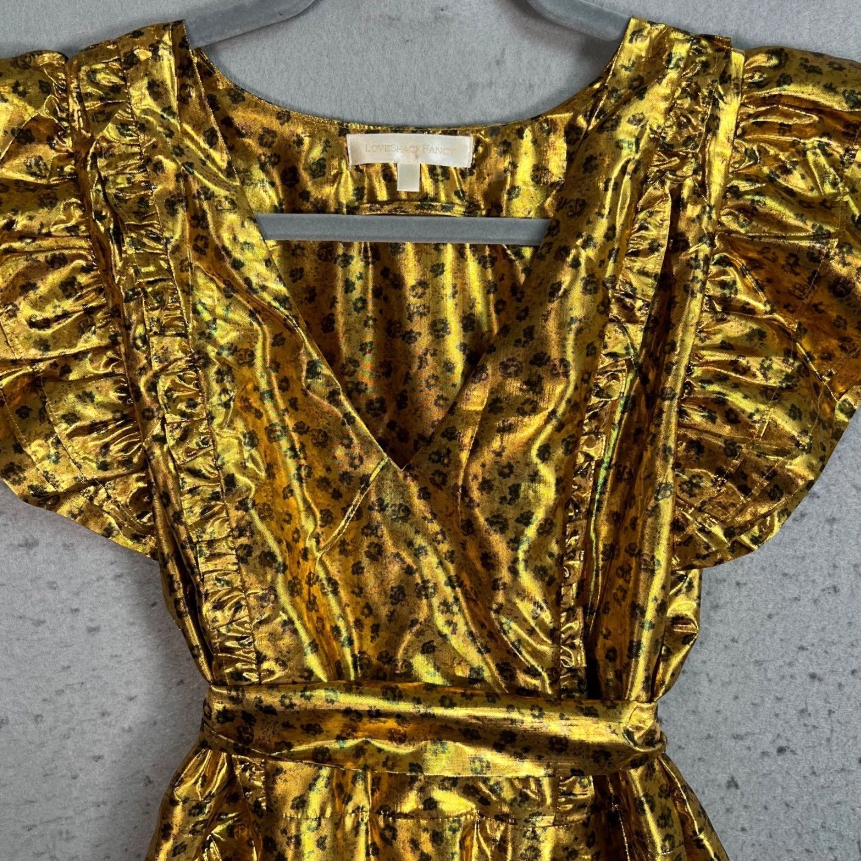 LoveShackFancy LoveShackFancy Dress Womens 4 Gold Metallic Leopard Print Ruffle Wrap A-Line Mini Party/Cocktail Short 4 Womens Gold Leopard Print Size S / US 4 / IT 40 - 5 Thumbnail