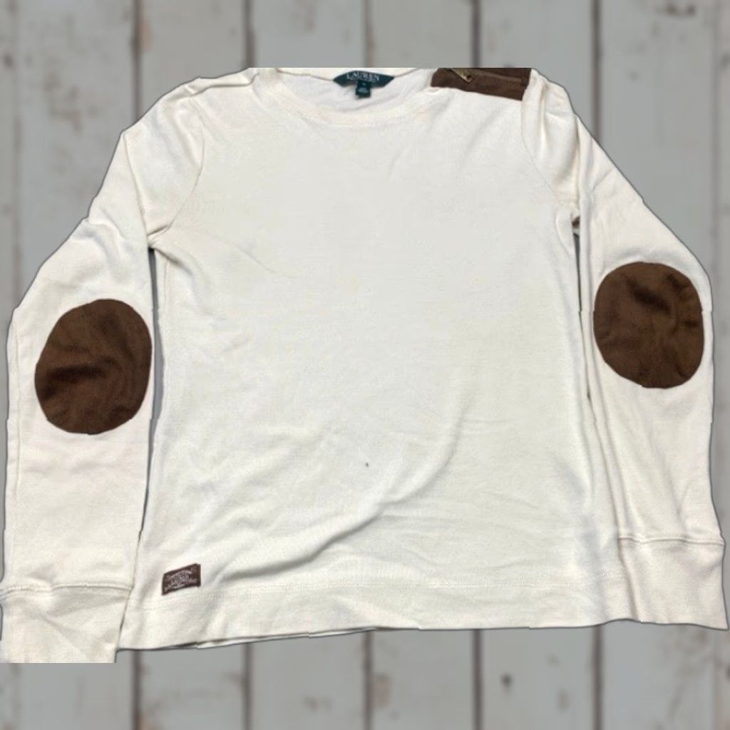 Ralph Lauren Lauren Ralph Lauren Shirt Top Medium Cream Long-Sleeve Elbow Pad Shoulder Zip Size M / US 6-8 / IT 42-44 - 1 Thumbnail