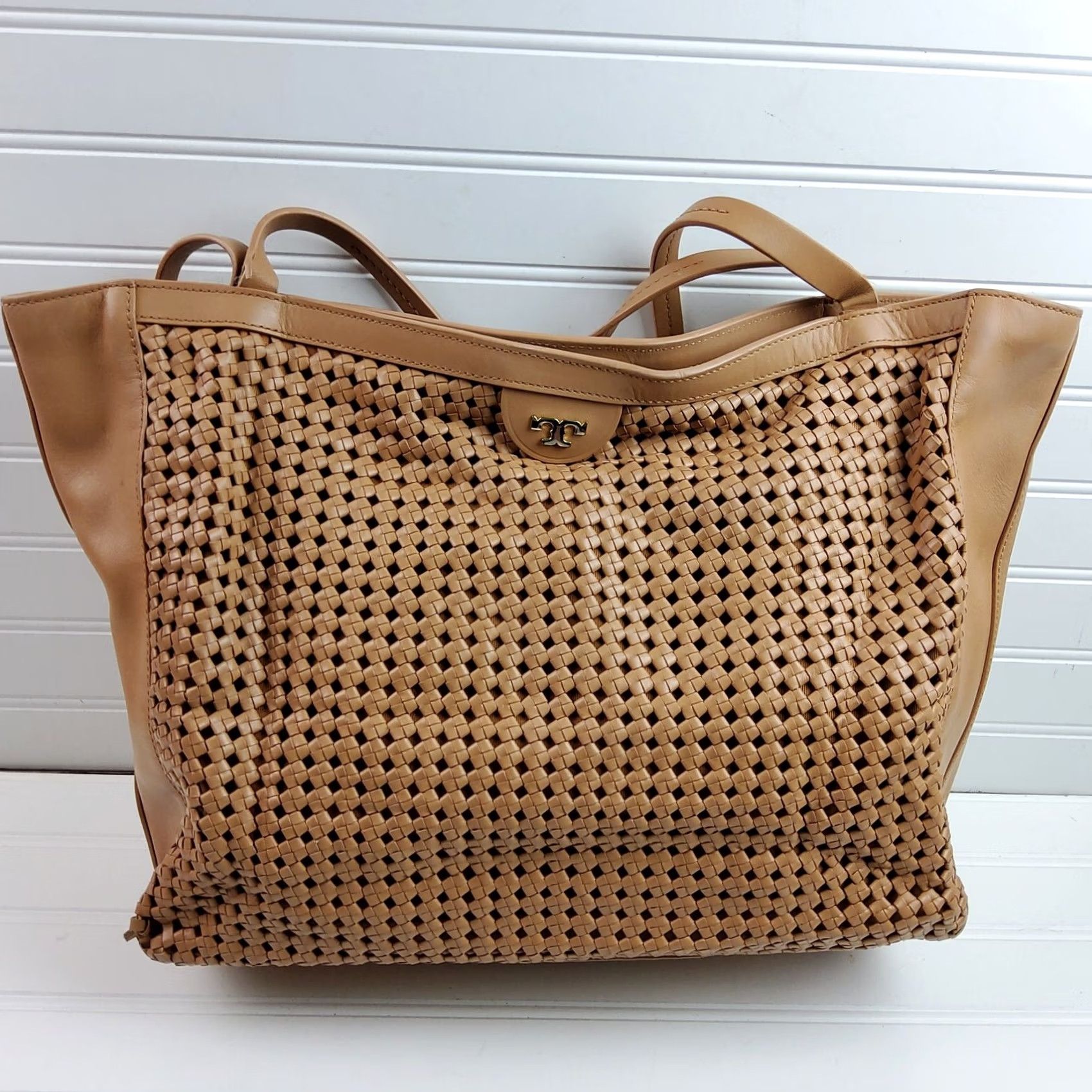 Tory Burch Tory Burch Woven Erica Large Tote Shoulder Handbag Purse Women Tan Leather Tote Large Size ONE SIZE - 2 Thumbnail