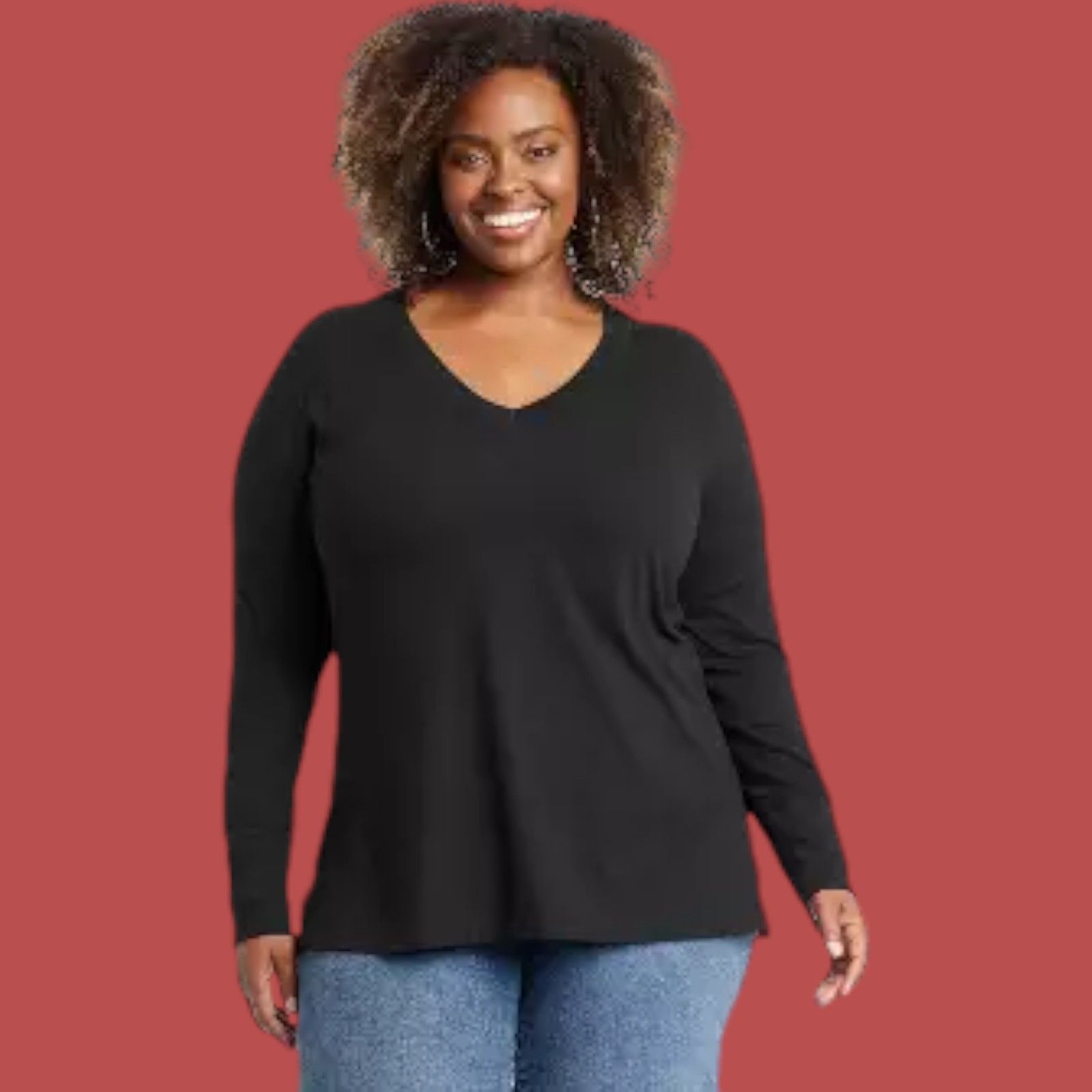 Other Ava & Viv - Women's V-neck Long Sleeve T-Shirt - Black - XXL Size XXL / US 16-18 / IT 52-54 - 1 Thumbnail
