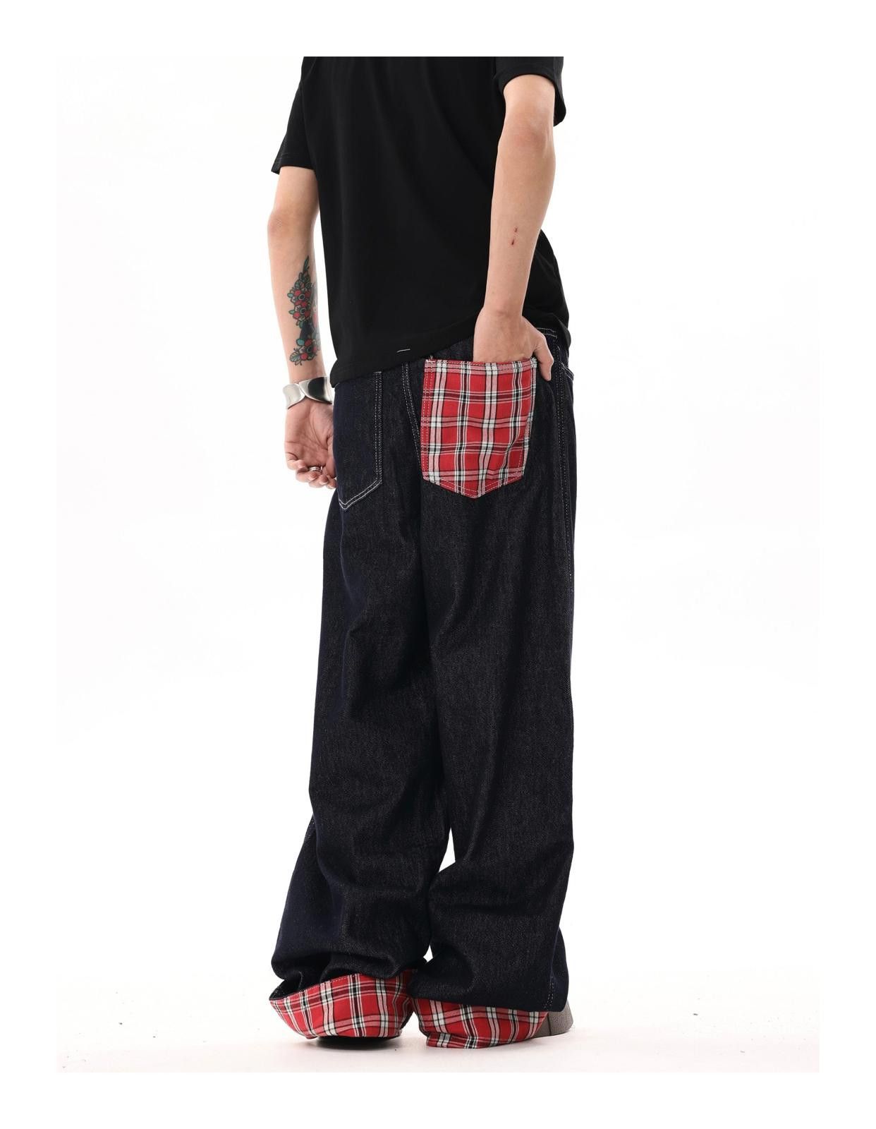 Japanese Brand Baggy Plaid Patchwork Wide Leg Denim Jeans Size US 32 / EU 48 - 1 Thumbnail