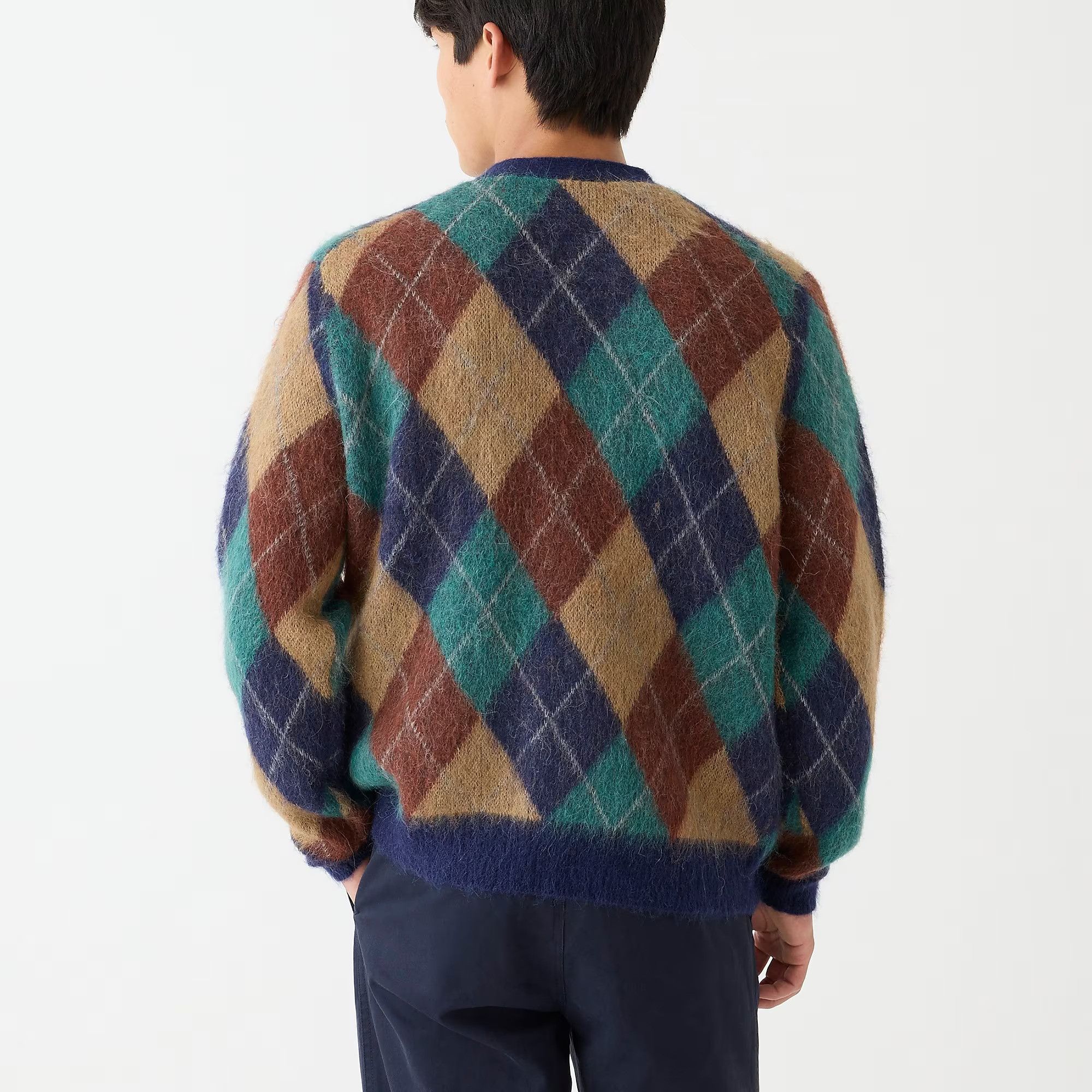 CREW Alpaca-Blend Fuzzy Cardigan Sweater Heather Argyle