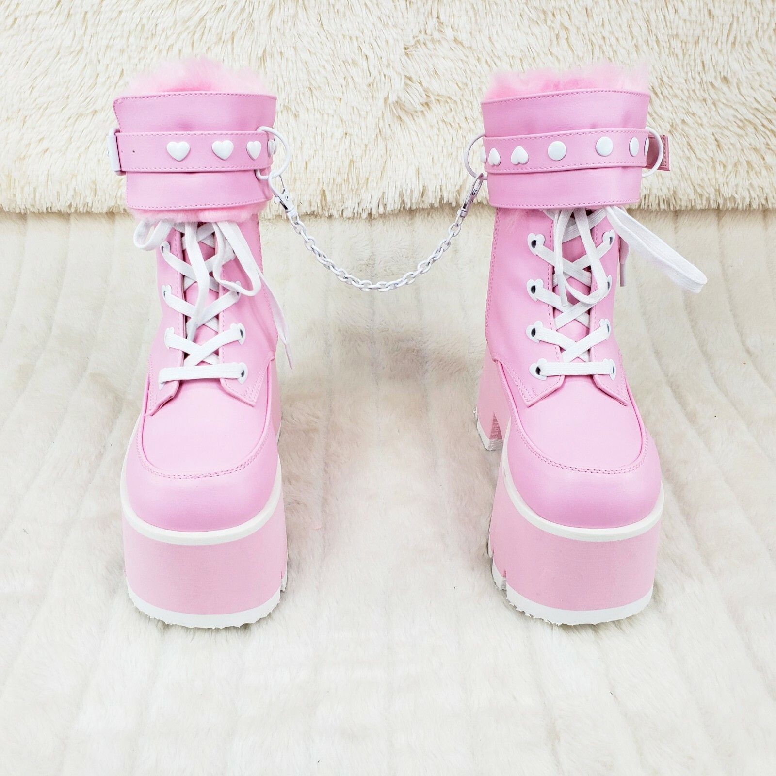 Other Ashes 57 Pink Heart Studs 3.5" Platform Goth Boots Fur Lined Size US 7 / IT 37 - 7 Thumbnail