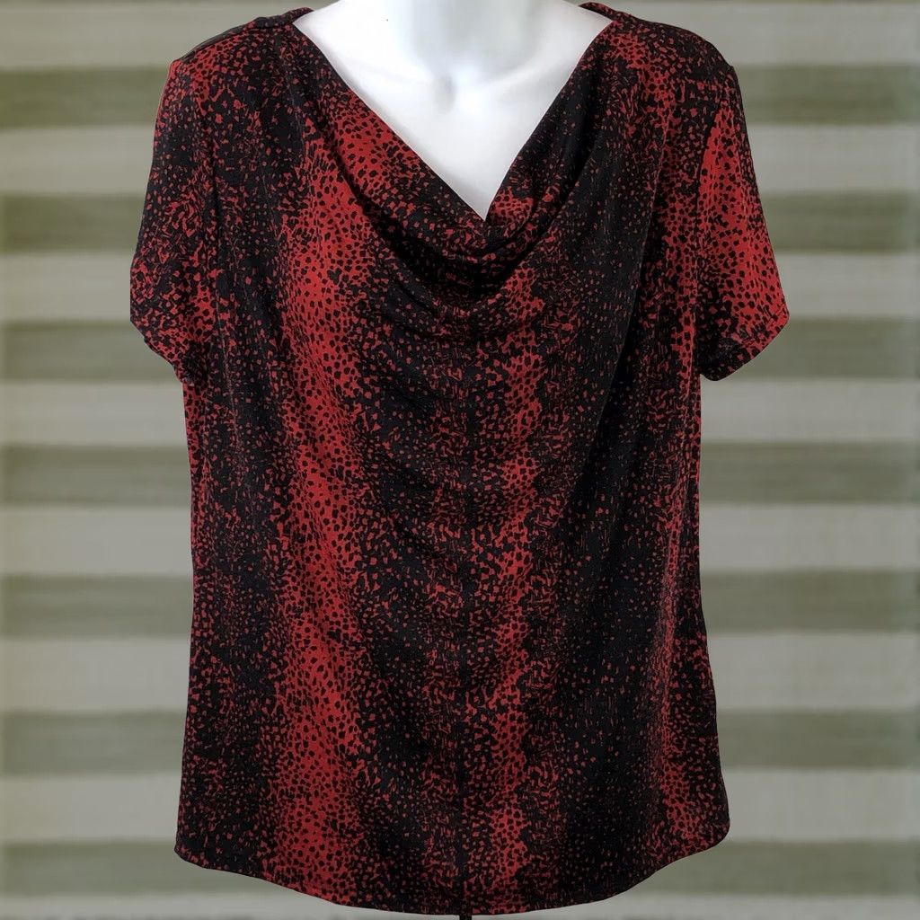 Vintage Jaclyn Smith Blouse Shirt Women L Red Animal Print Short Sleeve Cowl Neck Stretch Retro Geometric" Size L / US 10 / IT 46 - 1 Thumbnail
