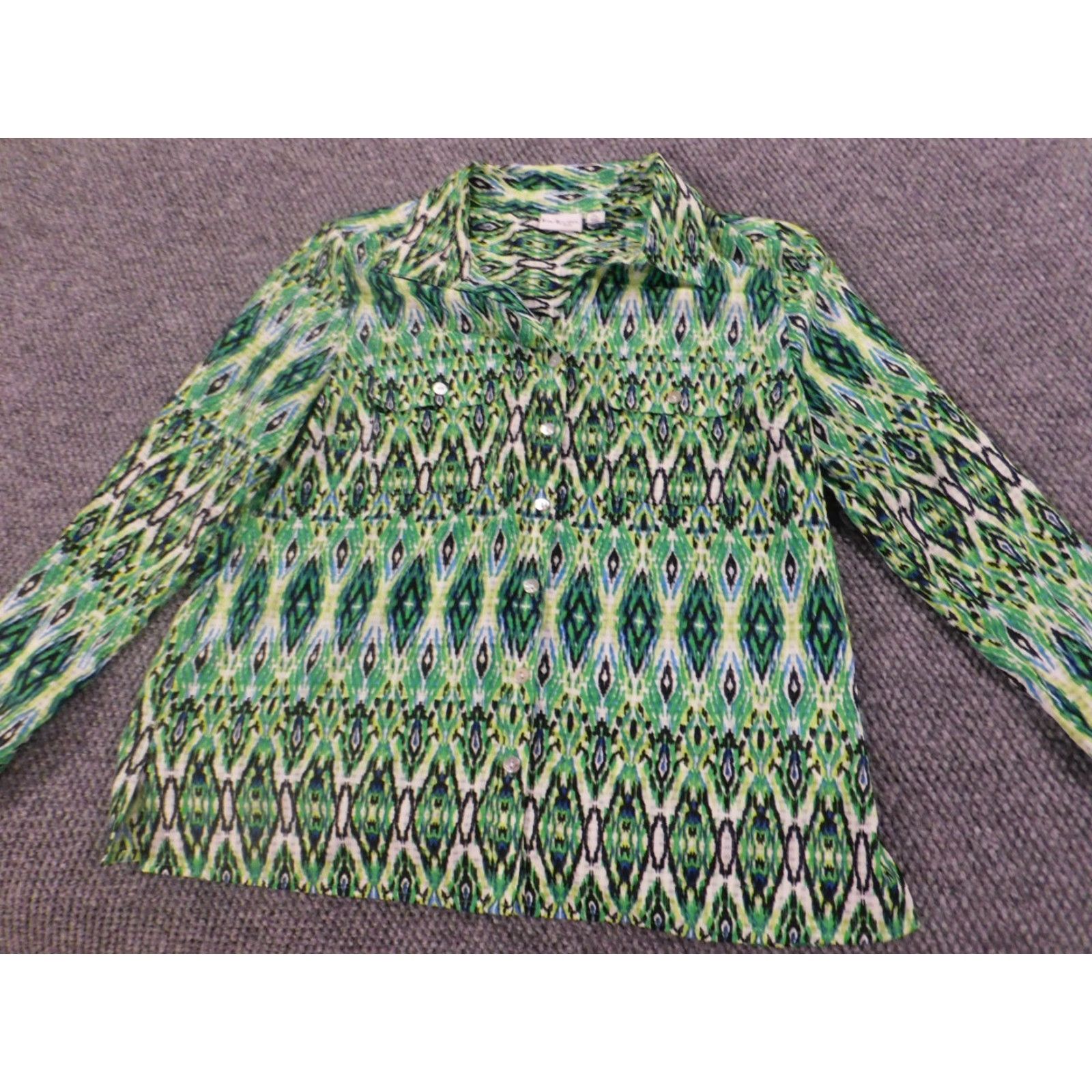 Vintage Kim Rogers Blouse Shirts Womens PL Petites Green Crew Neck Pullover Stretch Button Casual Cotton Rayon Regular Size L / US 10 / IT 46 - 2 Thumbnail
