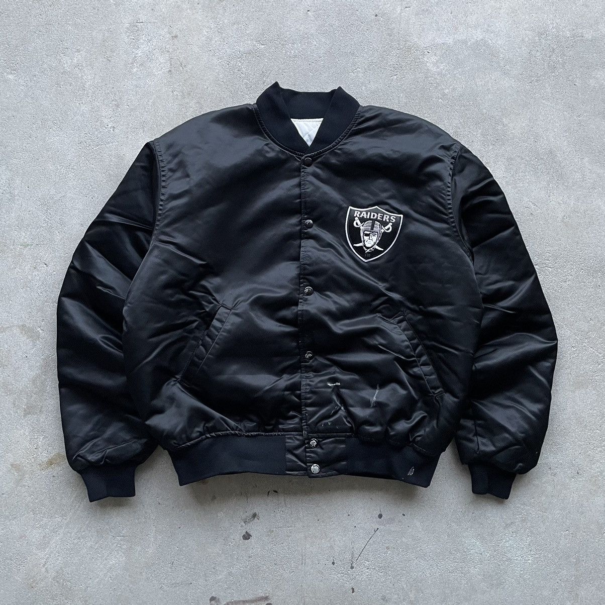 image of Vintage 90’S Oakland Raiders Starter Satin Bomber Jacket in Black, Men's (Size XL)