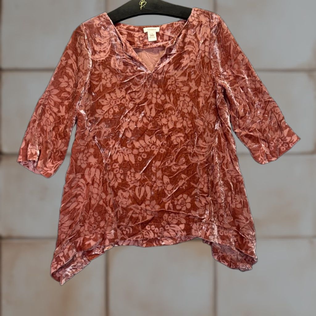 Vintage Sundance Blouse Velvet Tunic Top Women S Dusty Rose Pink Burnout Jewell Rust Velvet Tunic Top Womens Size Small Size S / US 4 / IT 40 - 1 Thumbnail