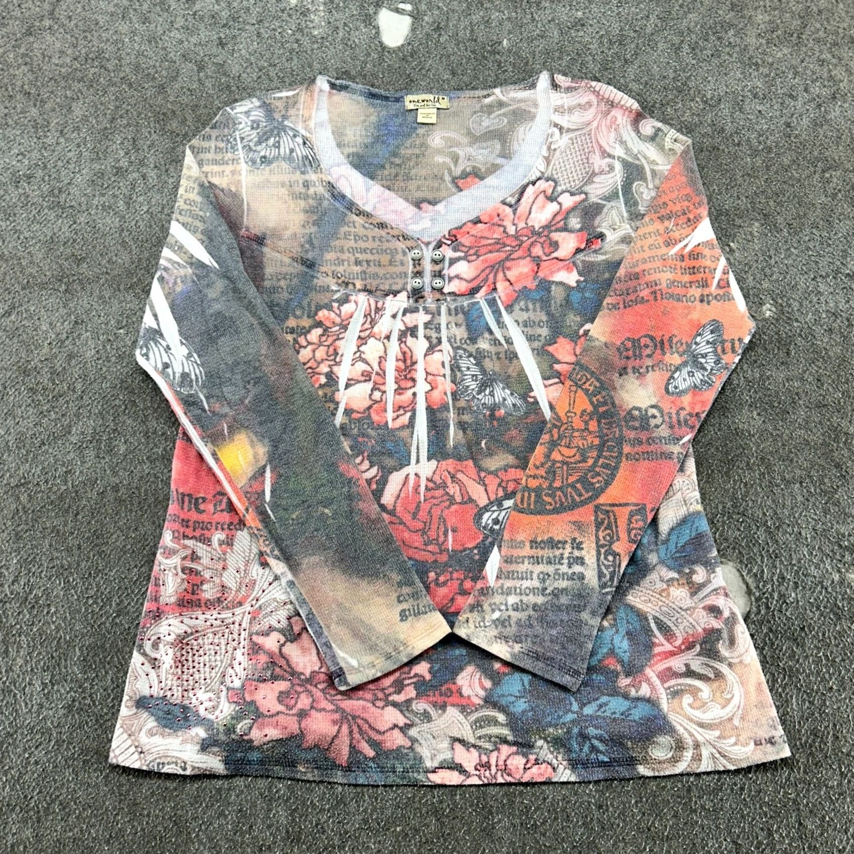 Vintage VINTAGE One World Shirt Womens M Pink Blue Long Sleeve AOP Butterfly Floral Y2K Size M / US 6-8 / IT 42-44 - 2 Thumbnail