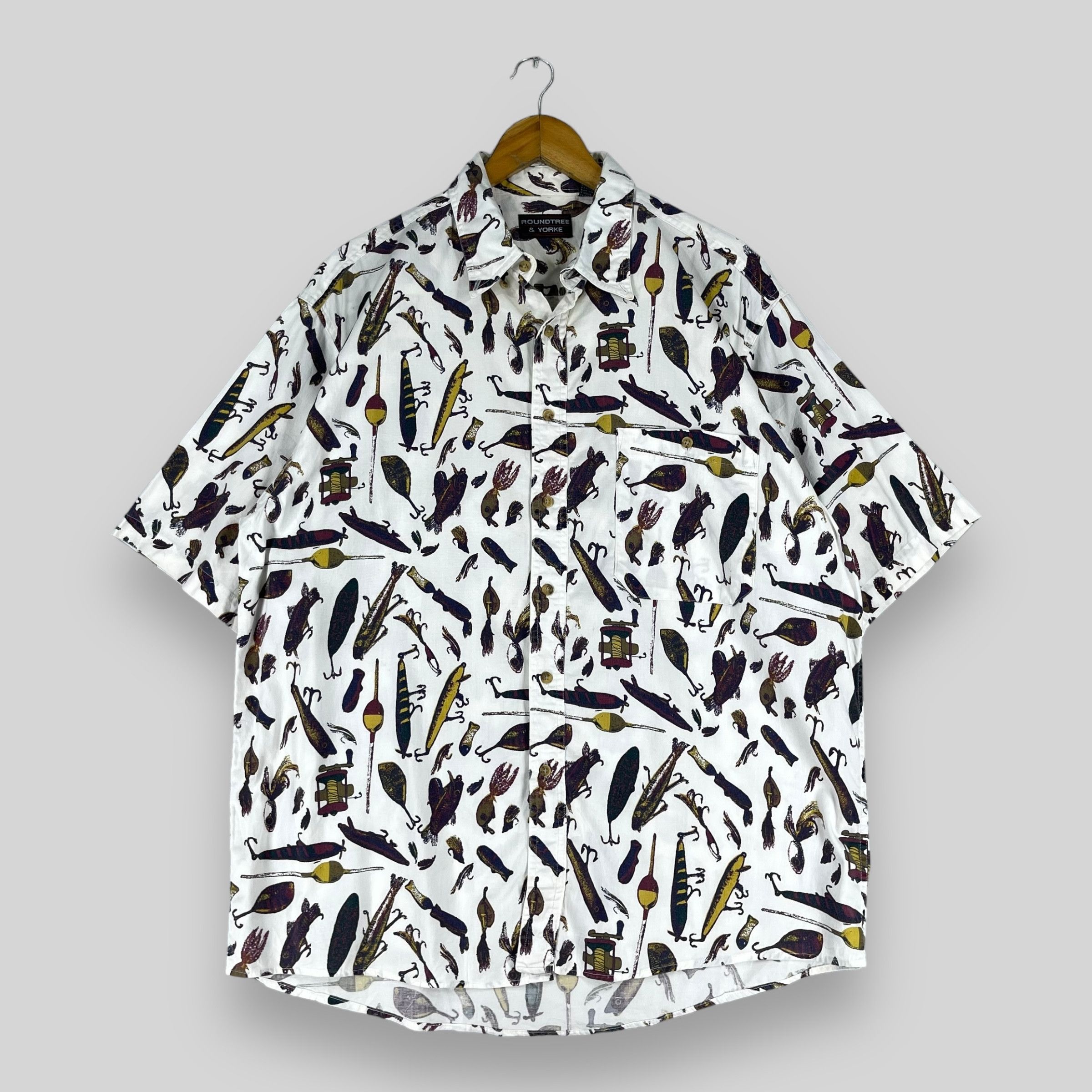 Vintage 90s Pop Art Fishing Equipment Button Up Shirt