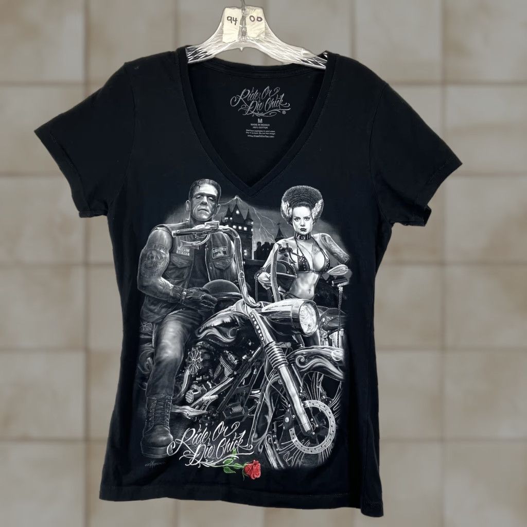Vintage Ride or Die Chic Women's T-Shirt Biker Frankenstein Graphic V-Neck Short Cap Sleeve Medium Black Cotton Vintage No Size M / US 6-8 / IT 42-44 - 1 Thumbnail