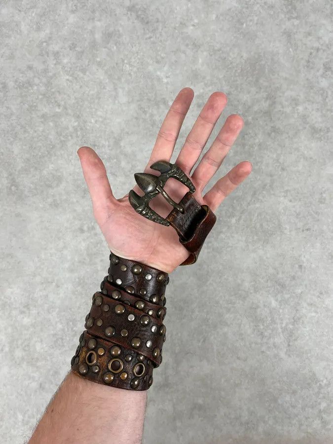 Roberto Cavalli 2000s Cavalli Dragon Claw Buckle Brown Studded Leather Belt Size ONE SIZE - 2 Thumbnail