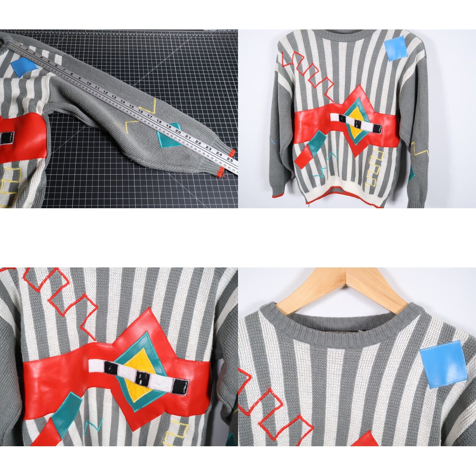 Vintage VINTAGE 80s Abstract Pattern Sweater Women's Small Gray Striped Faux Leather Knit VTG Size S / US 4 / IT 40 - 8 Thumbnail