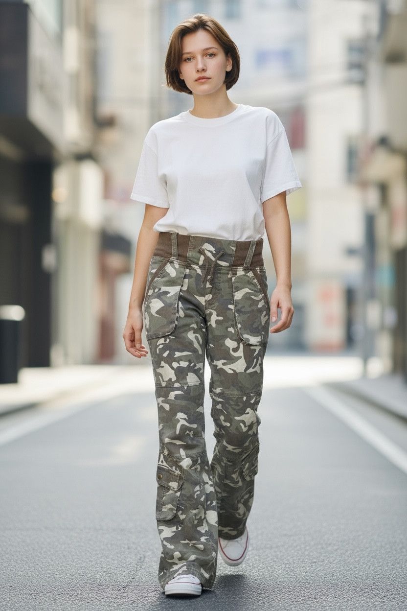 Japanese Brand HOLYFLARE🔥LUCCICA Stretchy Flare Leg Khaki Camo Drawstring Size 30" / US 8 / IT 44 - 2 Thumbnail