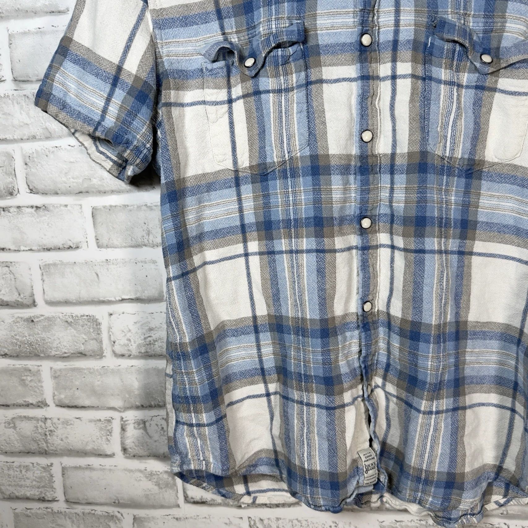 Lucky Brand Lucky Brand Linen Blend Snap Button Down Short Sleeve Plaid Shirt L Men Blue - Mens Shirt Size US 33 - 3 Thumbnail