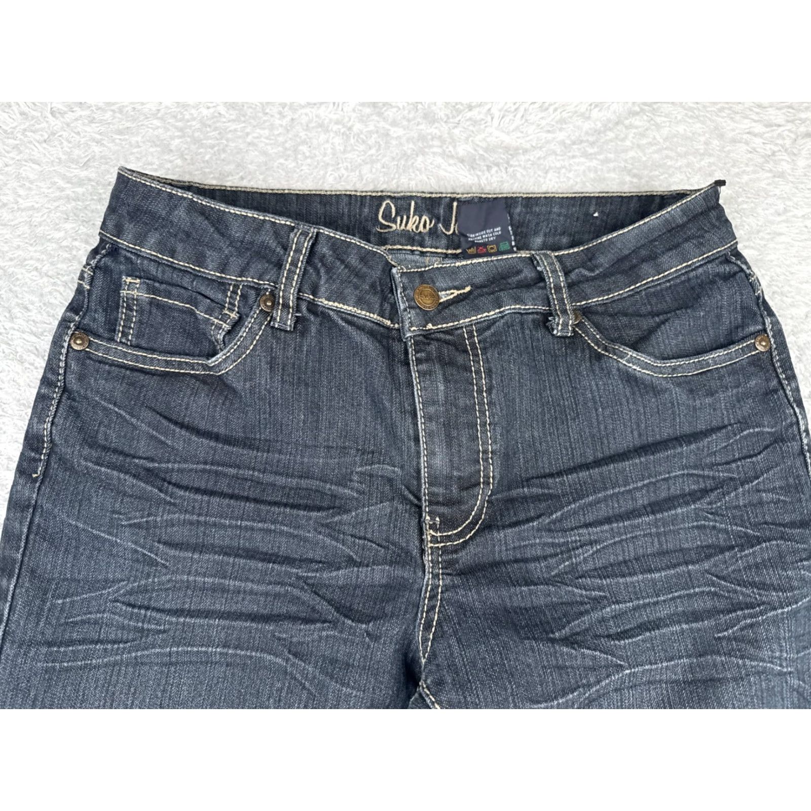 Denime Suko Jeans Women 10 Blue Denim Jean Crop Mid Rise Embellished Distressed Zipper 30x21 Bootscut Cotton Size 32" / US 10 / IT 46 - 4 Thumbnail