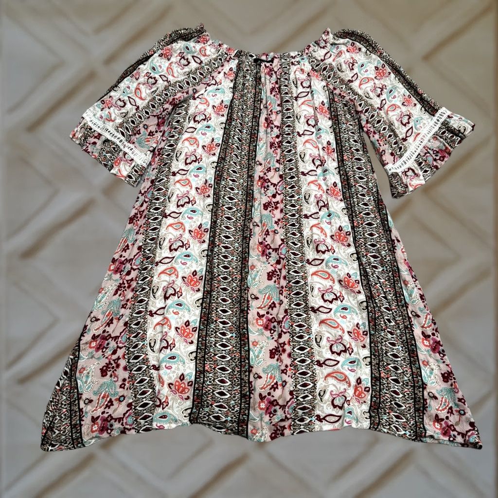 Bell NAIF Shift Dress Womens Large Multicolor Paisley Boho Bell Sleeve Crochet Trim Size L / US 10 / IT 46 - 1 Thumbnail