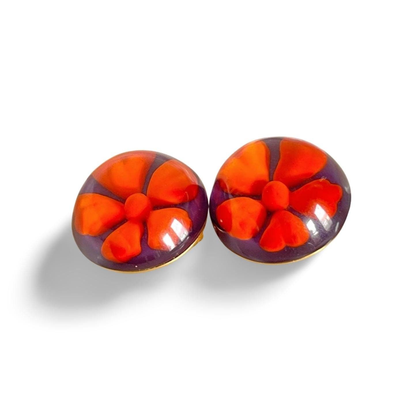 Kenzo Vintage KENZO purple and orange round flower resin earrings. Size ONE SIZE - 1 Thumbnail