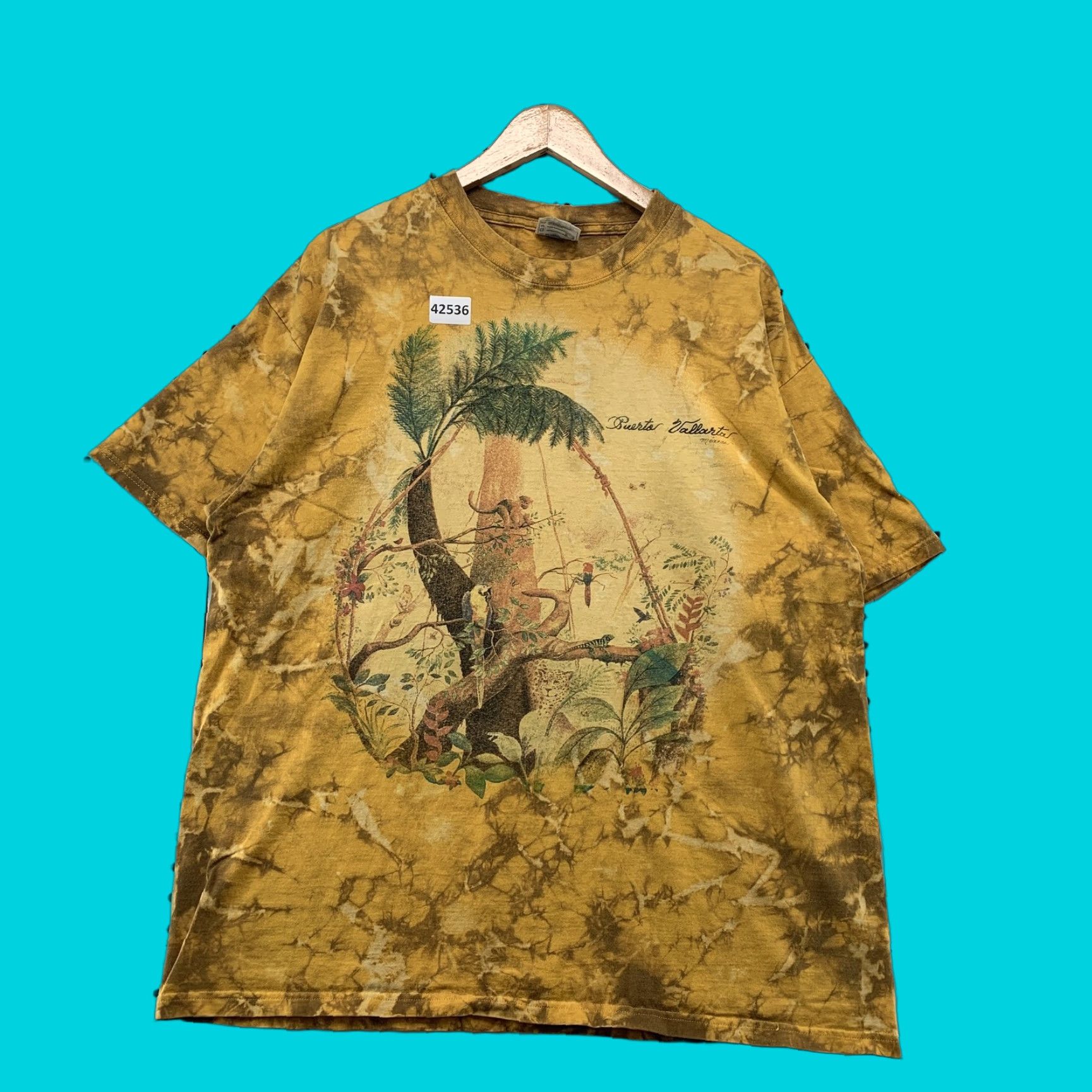 Rains VINTAGE Yazbek Shirt Mens Large Yellow Short Sleeve Graphic Print AOP Tee 90s Jungle Rain Forest Men’s L Yellow Mens Size US L / EU 52-54 / 3 - 1 Thumbnail