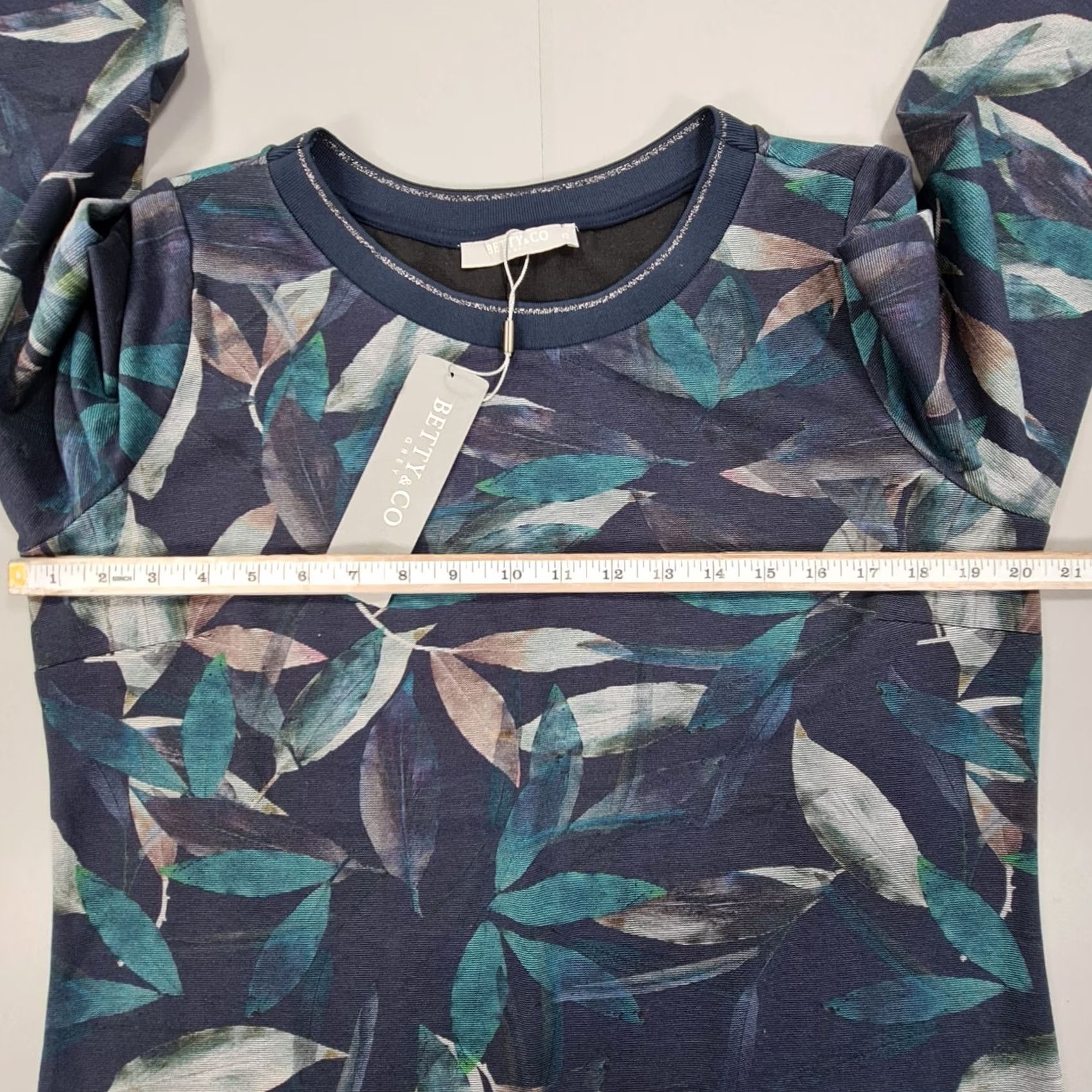 CO Betty & Co Womens Dress Navy Blue Leaf Print 3/4 Sleeve Knee Length 16 UK Casual Cocktail Party/Comm union Mens Womens Girls Size XXL / US 16-18 / IT 52-54 - 5 Thumbnail