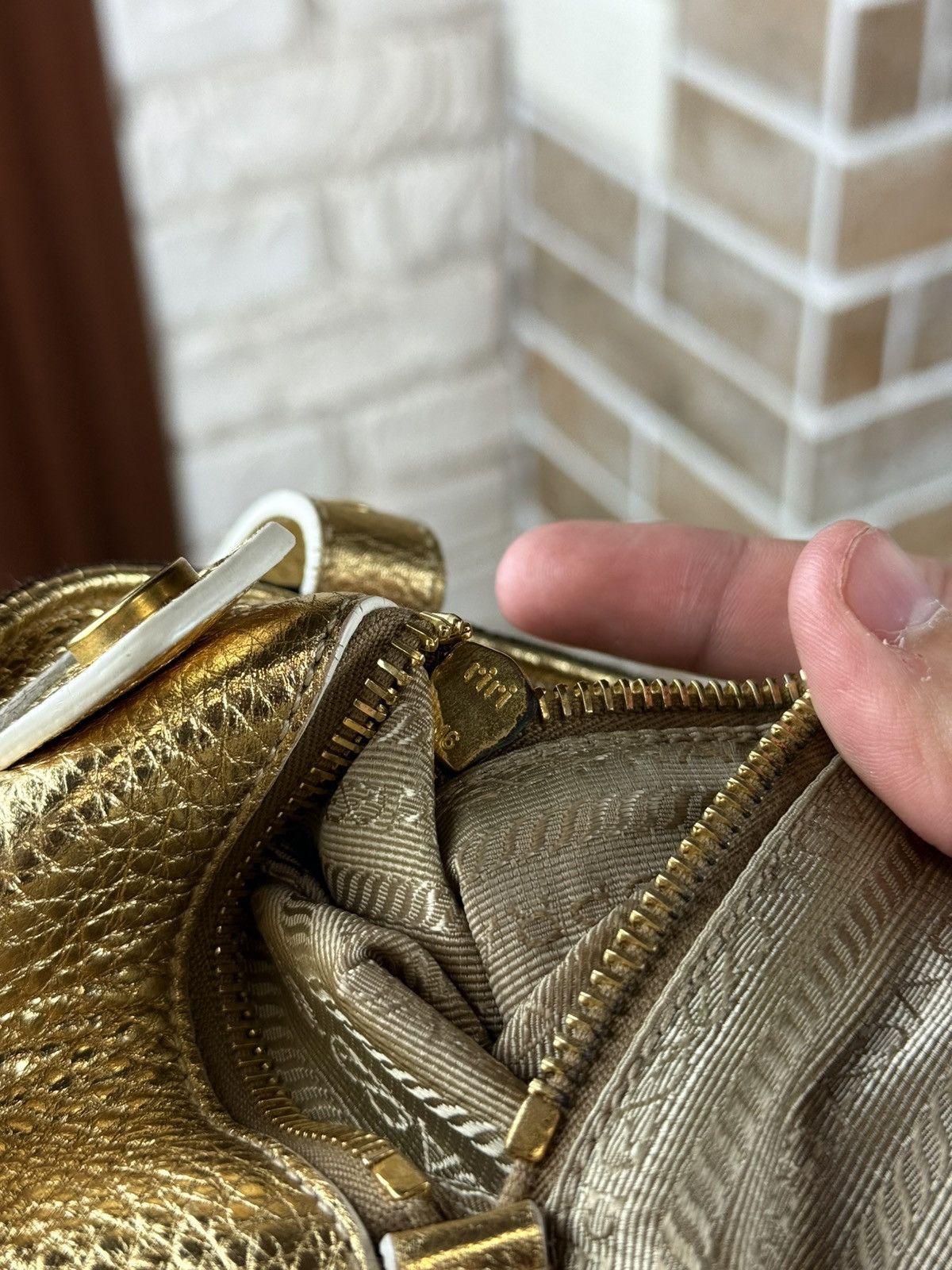 Prada Prada Brown Logo Jacquard Canvas Mettalic Gold Handle Bag Size ONE SIZE - 16 Thumbnail