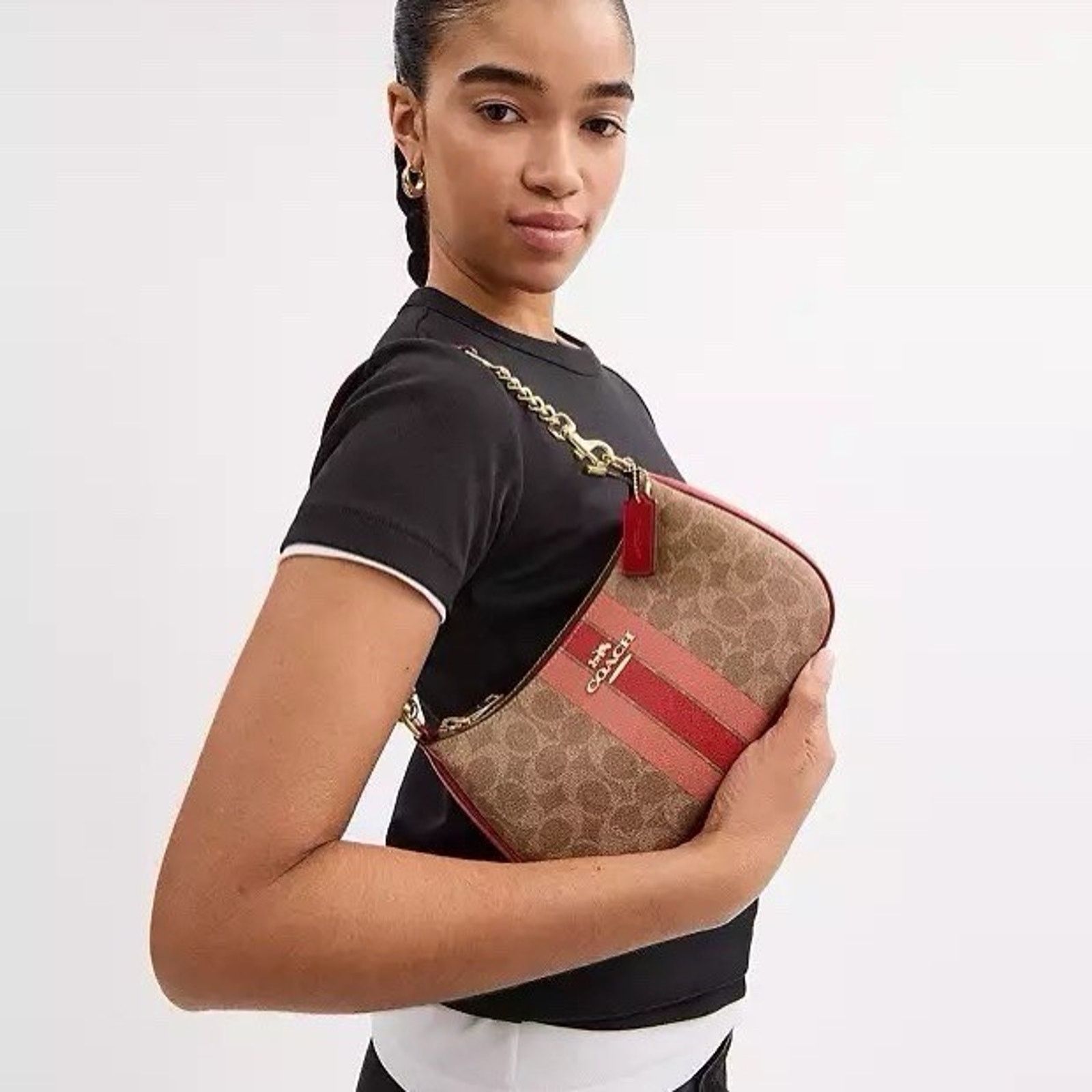 Coach NWT Coach Teri Shoulder Bag With STRIPE CAL81 Gold/Tan Multi Size ONE SIZE - 7 Thumbnail