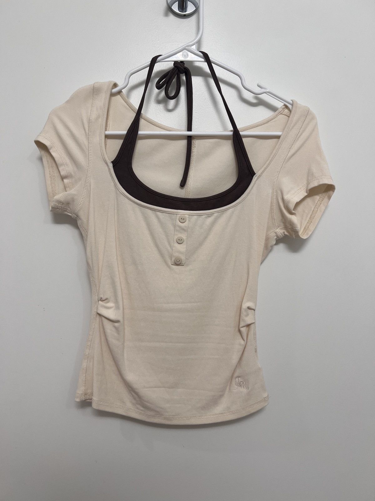 Other Beige Short Sleeve Top with Brown Layered Halter Neckline Size L / US 10 / IT 46 - 1 Thumbnail