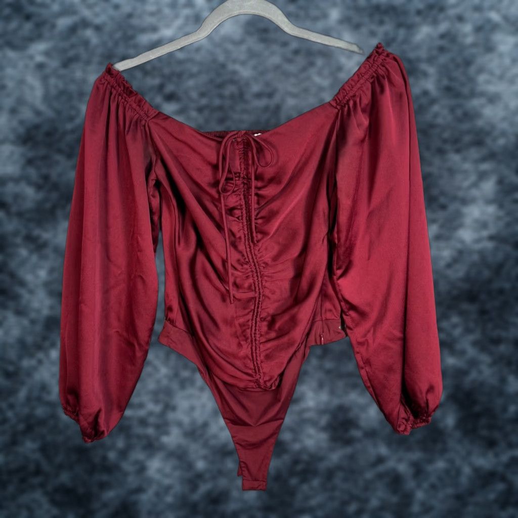 ASTR The Label ASTR Off-Shoulder Burgundy Satin Bodysuit Women’s Small Long Sleeve Casual Size S / US 4 / IT 40 - 1 Thumbnail