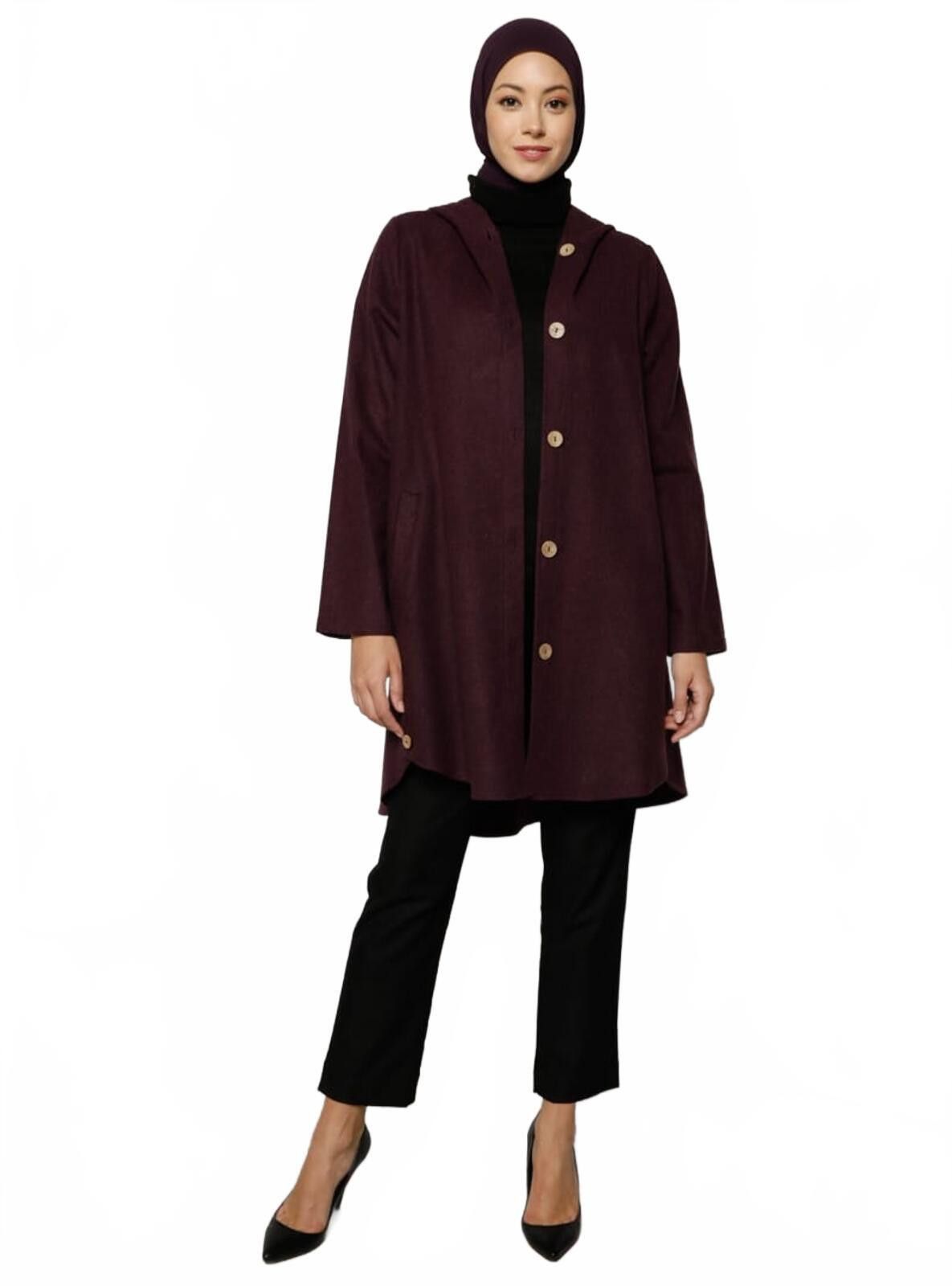 The Unbranded Brand Elegant Burgundy Button-Up Long Sleeve Coat with Hood Size M / US 6-8 / IT 42-44 - 3 Thumbnail