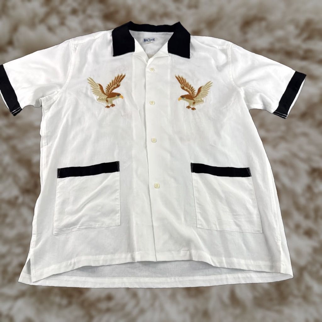 VINTAGE Non Stock Button-Up Shirt XL White Embroidered Eagle Military Repro Rockabilly 50s Casual Mens