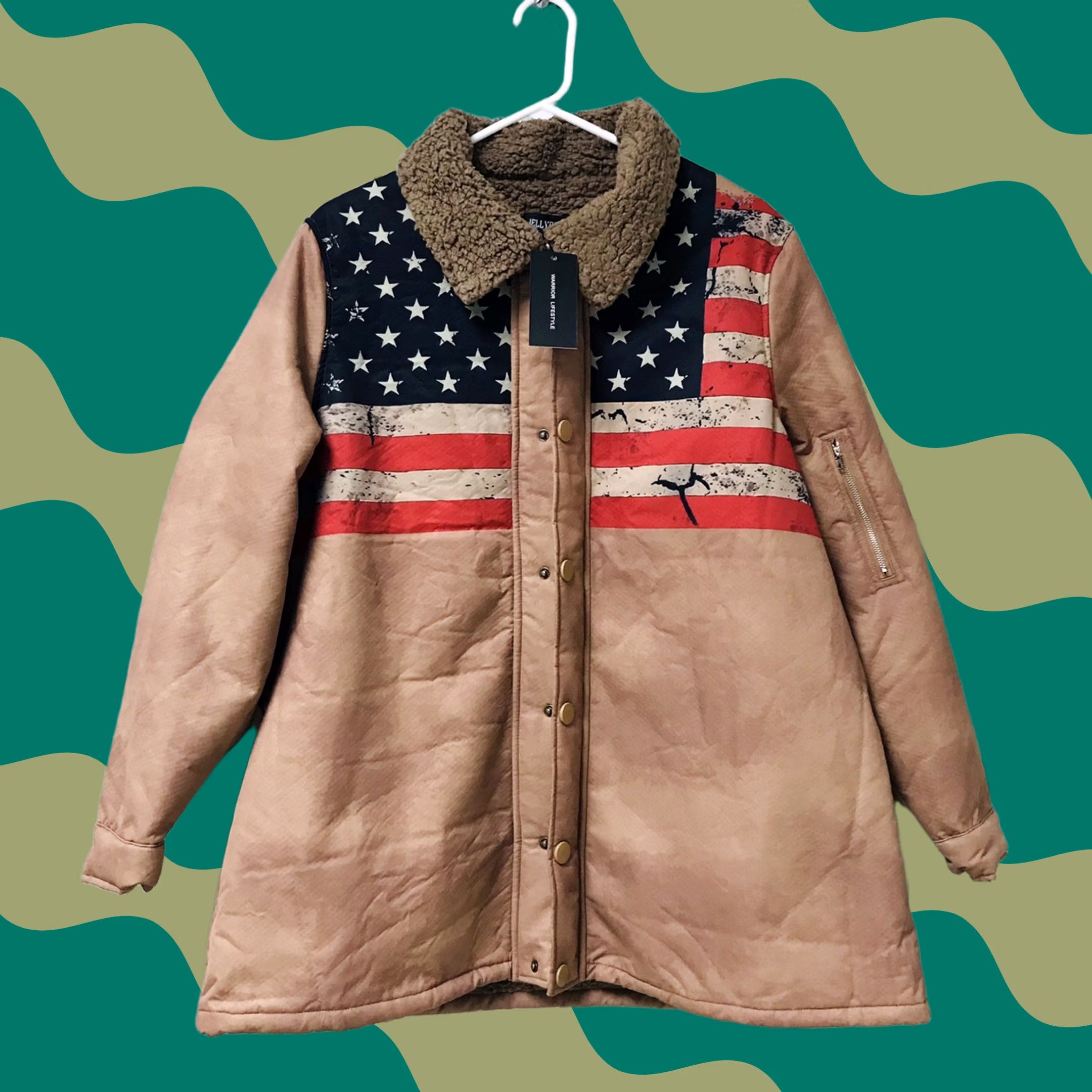 Vintage Jellybuddy Mens Jacket Khaki Distressed American Flag Print Sherpa-Lined Full Zip Overcoat L Size US L / EU 52-54 / 3 - 1 Thumbnail