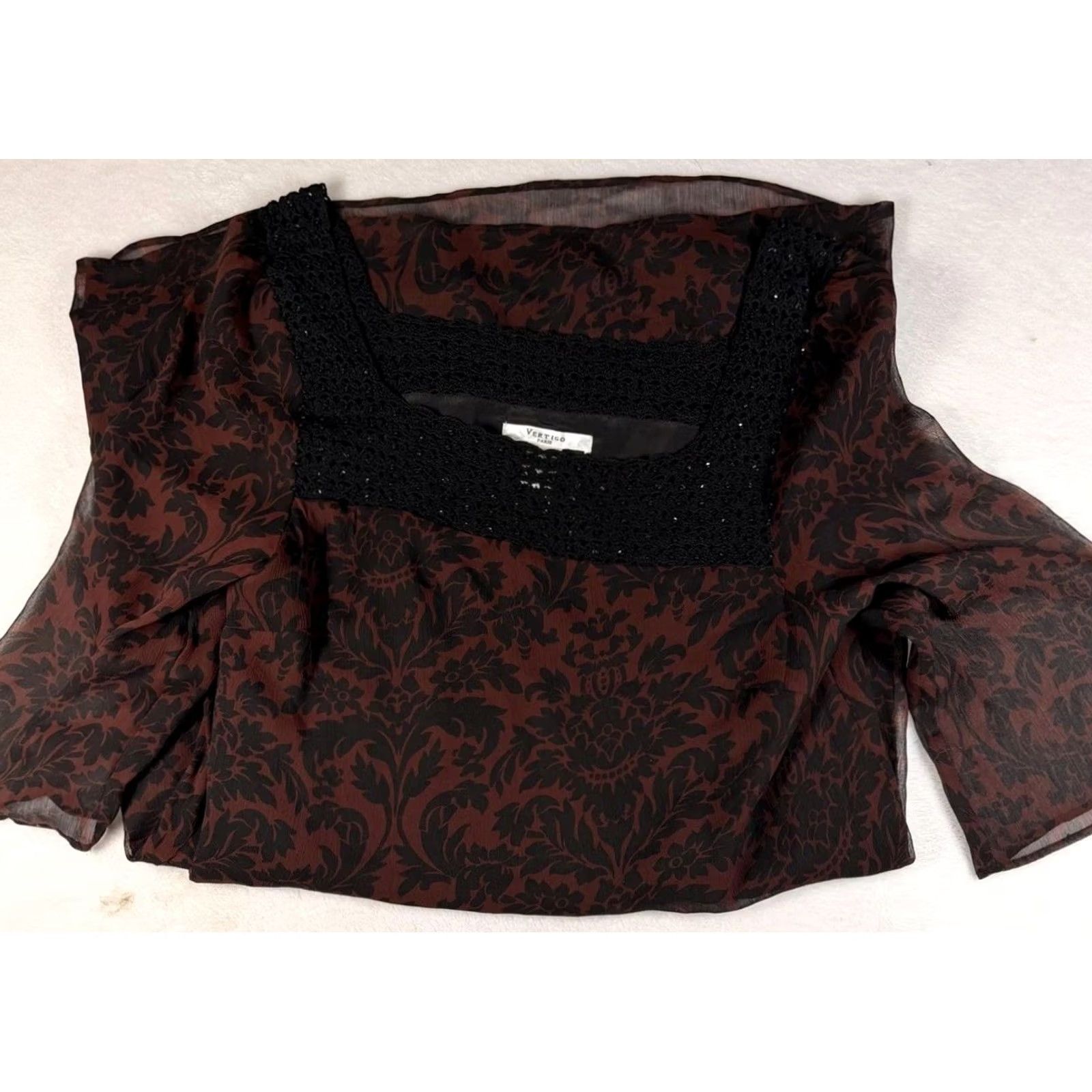 Vintage Vertigo Paris Womens M Brown Floral Chiffon Crochet Shift Knee Length Size M / US 6-8 / IT 42-44 - 2 Thumbnail