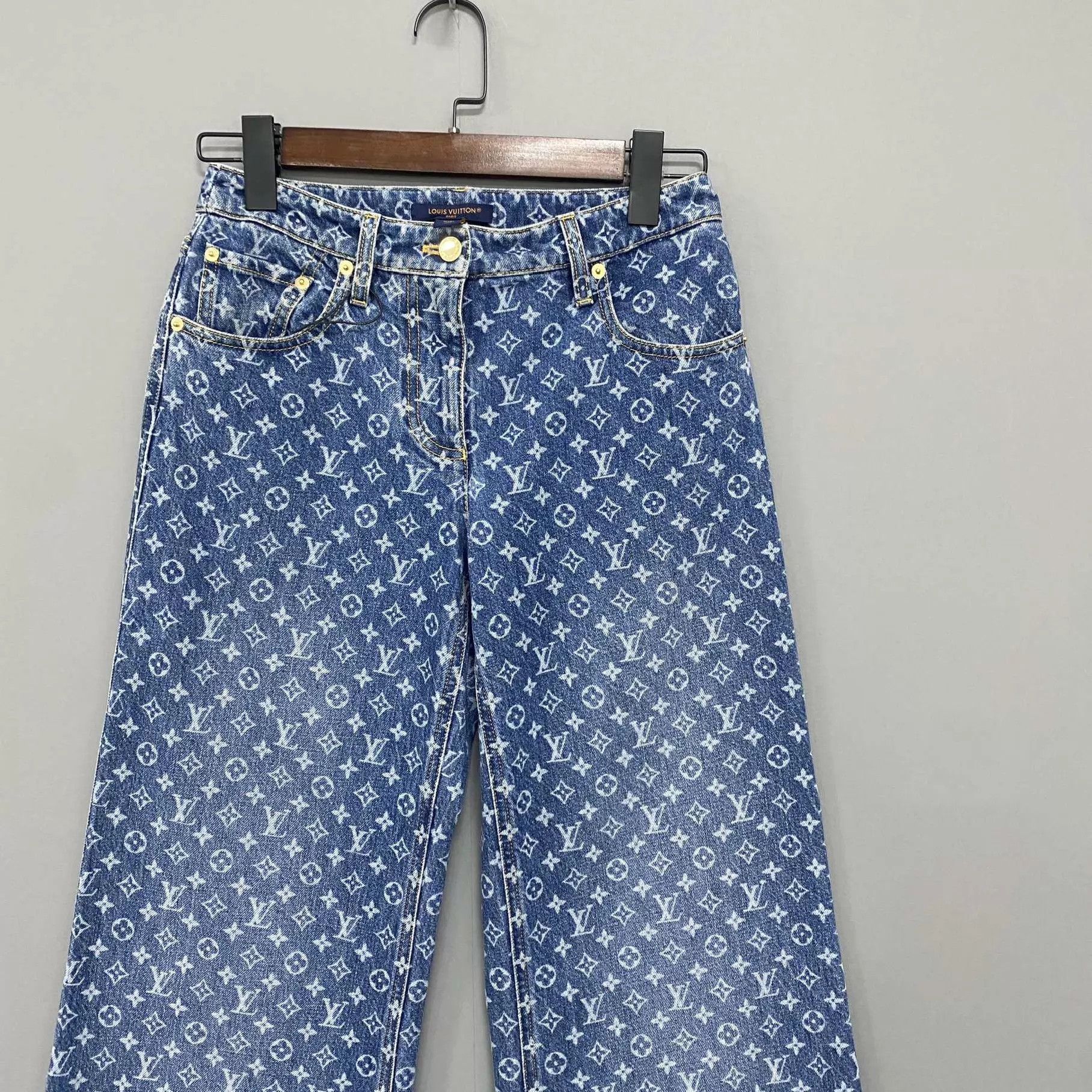 Louis Vuitton LV Monogram All Over Print Wide Leg Jeans Women's 34 New Size 25" / US 0 / IT 36 - 2 Thumbnail