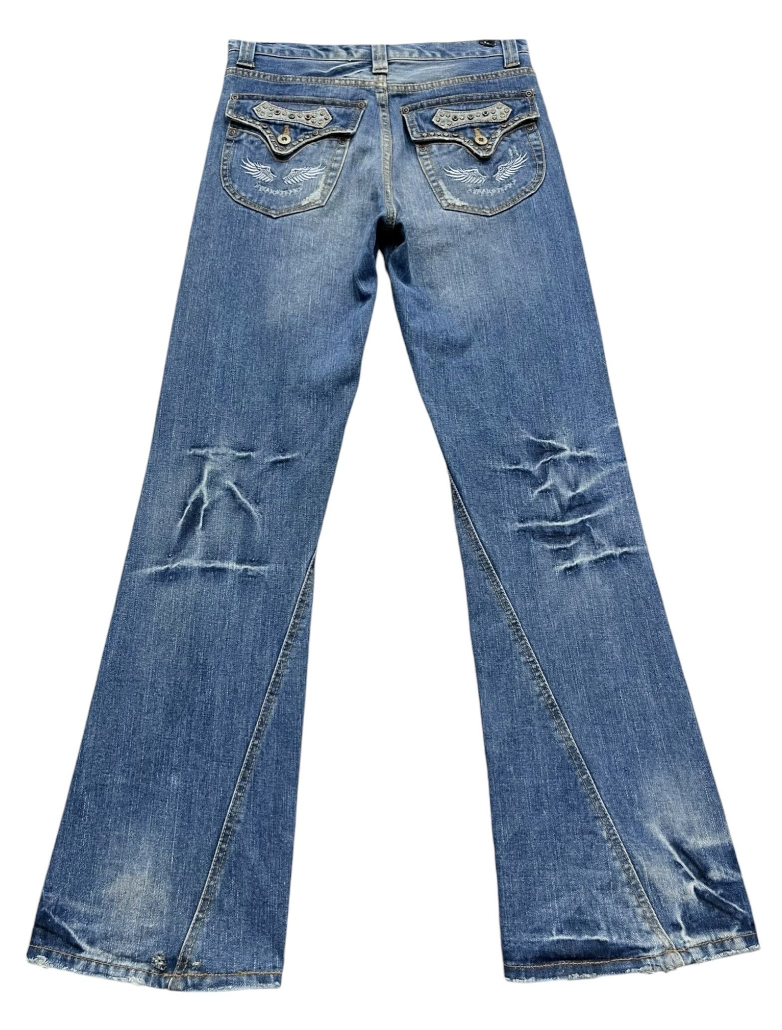 If Six Was Nine FYE🔥NYLAUS Clawmark Whisker Studded Gems Flap Flare Jeans Size US 30 / EU 46 - 3 Thumbnail
