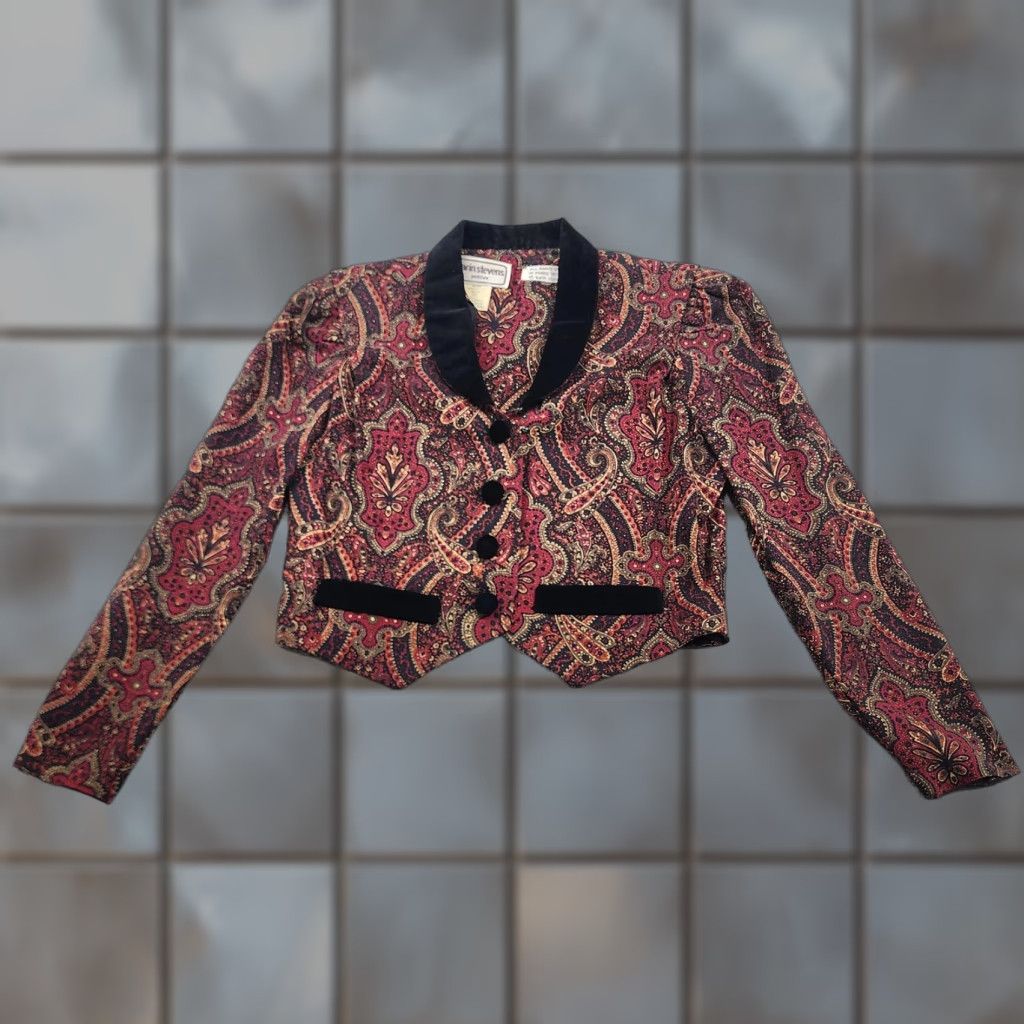 Velvet VINTAGE Karin Stevens Blazer Womens 4P Petite Red Black Paisley Velvet Trim 90s Size S / US 4 / IT 40 - 1 Thumbnail