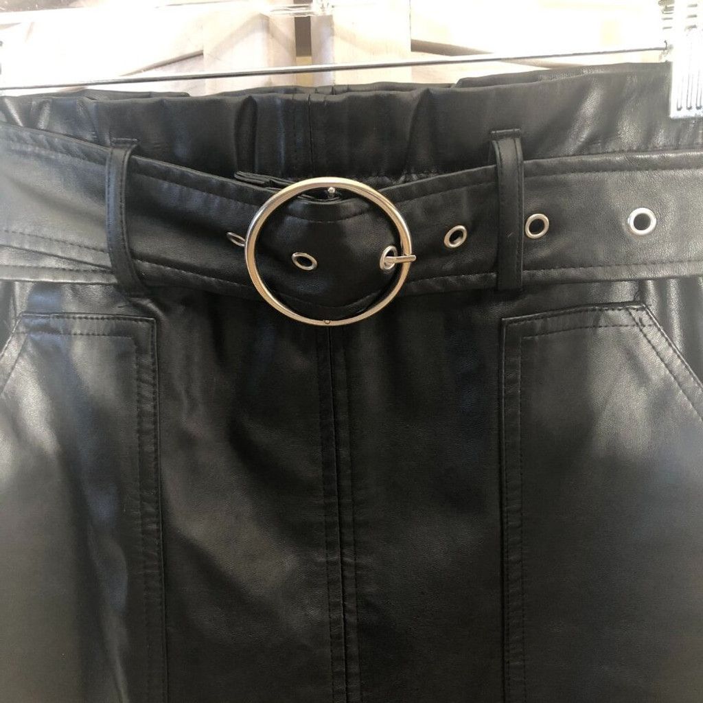 Vintage black mini skirt Y2K vegan leather belted with pockets Sz S Size 28" / US 6 / IT 42 - 5 Thumbnail