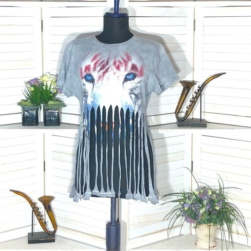 Vintage Y2K Wild Beast Upcycled gray red punk boho fringes T-shirt M Size L / US 10 / IT 46 - 1 Thumbnail
