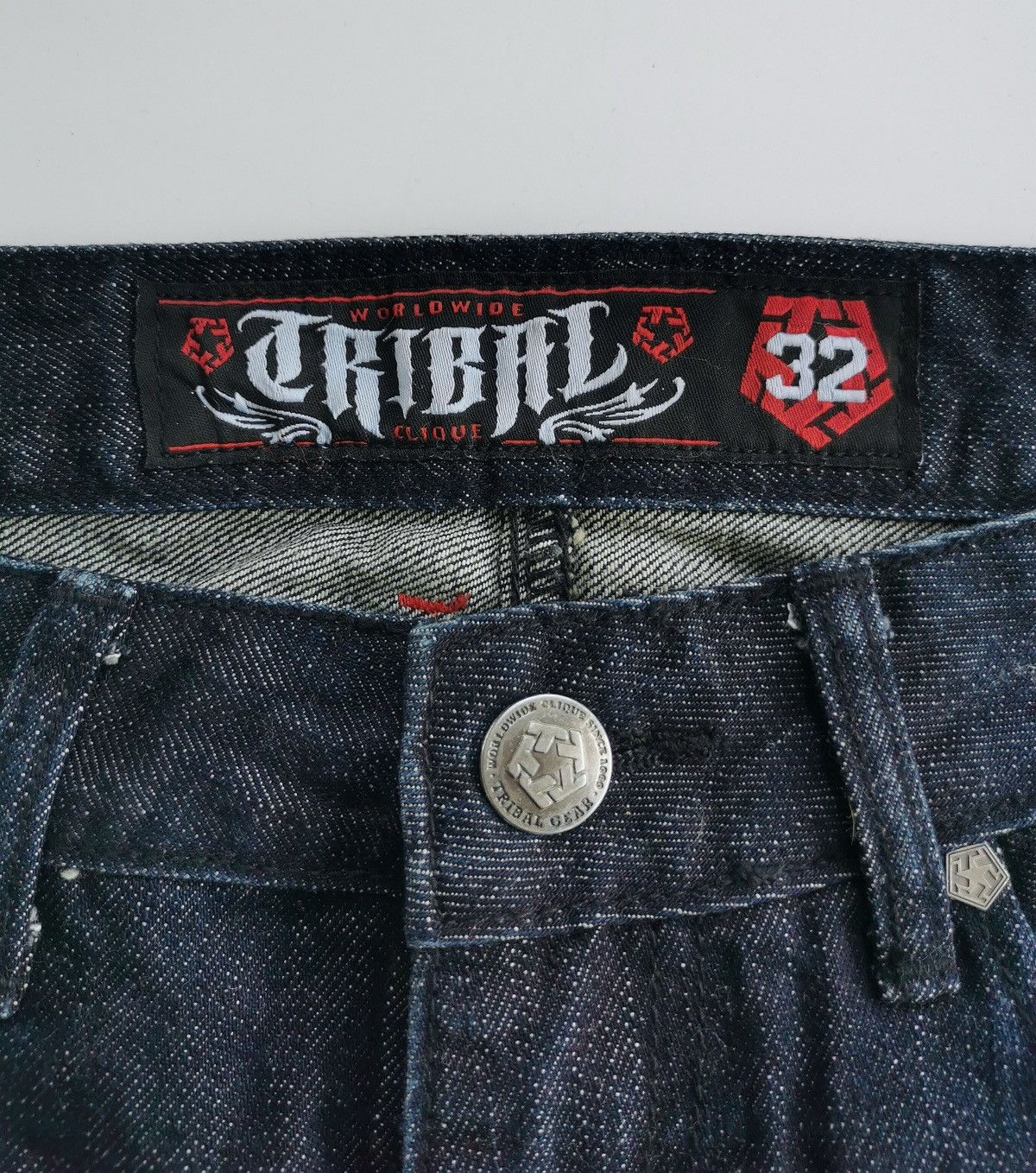 Tribal Streetwear Vintage Tribal Cross Embroidery Dark Blue Denim Jeans Size US 33 - 6 Thumbnail