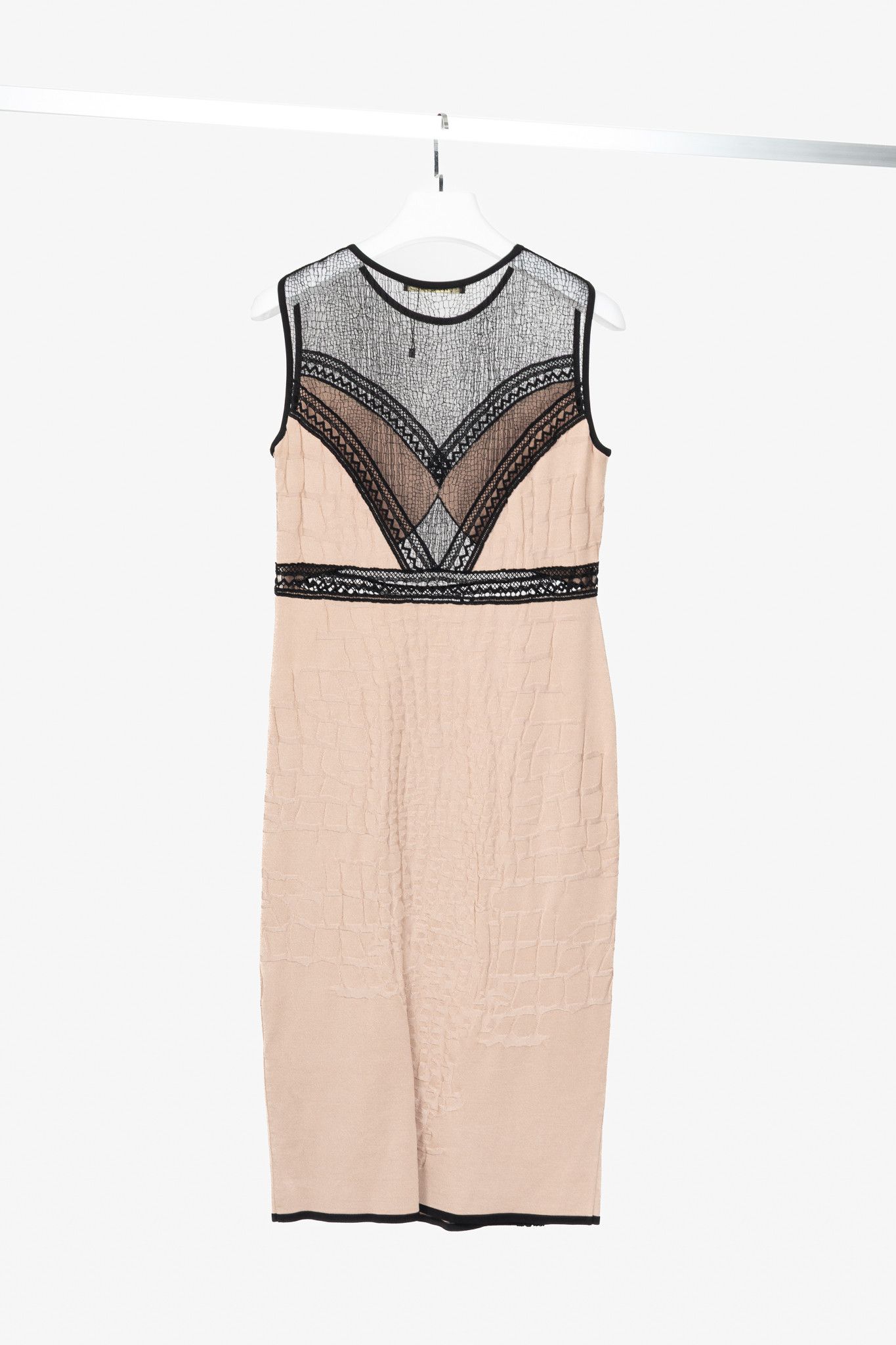 Roberto Cavalli Roberto Cavalli Nude Snakeskin-Jacquard Knit Lace-Trim Dress Size XL / US 12-14 / IT 48-50 - 2 Thumbnail