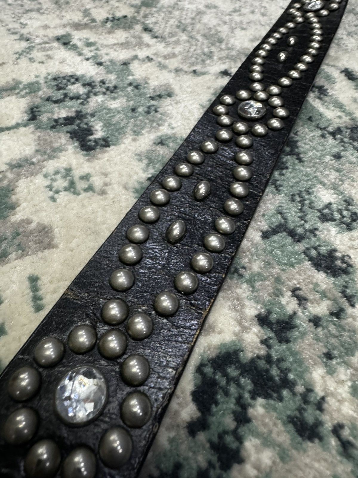 Leather RHINESTONE STUDDED LEATHER BELT ENGRAVED Size 34 - 5 Thumbnail