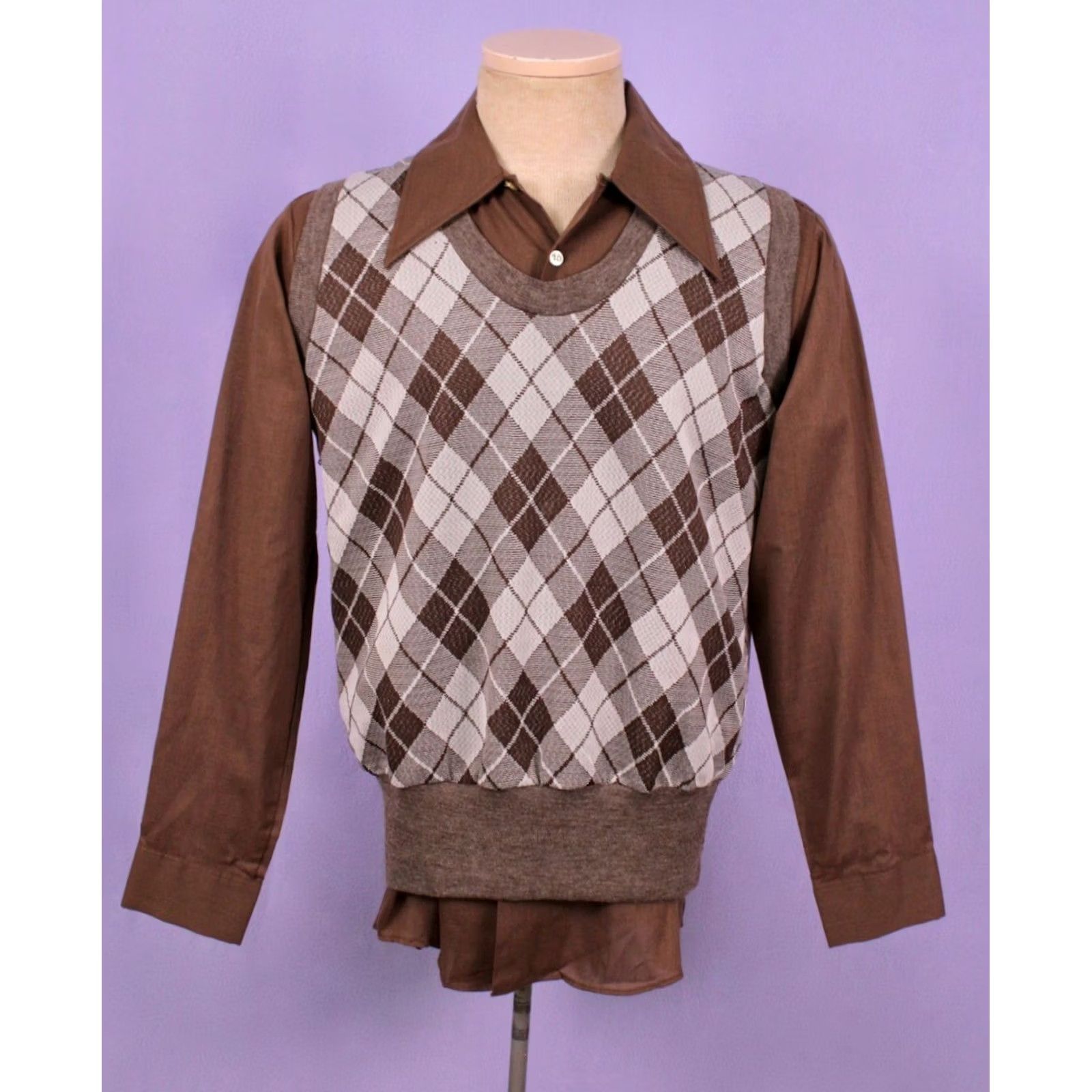 Vintage VINTAGE Mens VTG 70s 2 PC Argyle Brown Shirt & Vest Set Sz M 1970s Disco Shirt Mens Womens Size US M / EU 48-50 / 2 - 2 Thumbnail