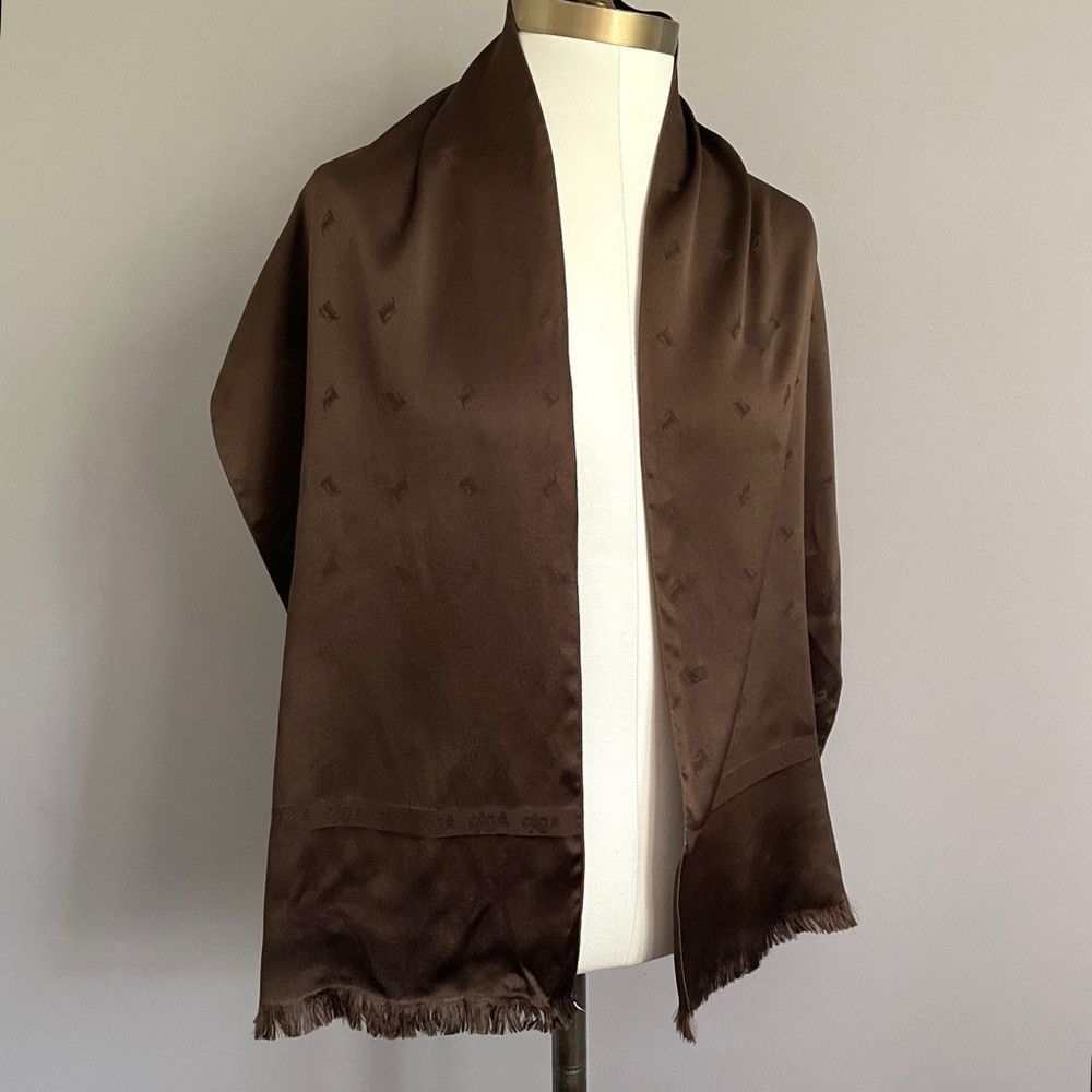 Vintage Vintage Brown Fringed Satin Rectangular Opera Scarf Size ONE SIZE - 4 Thumbnail