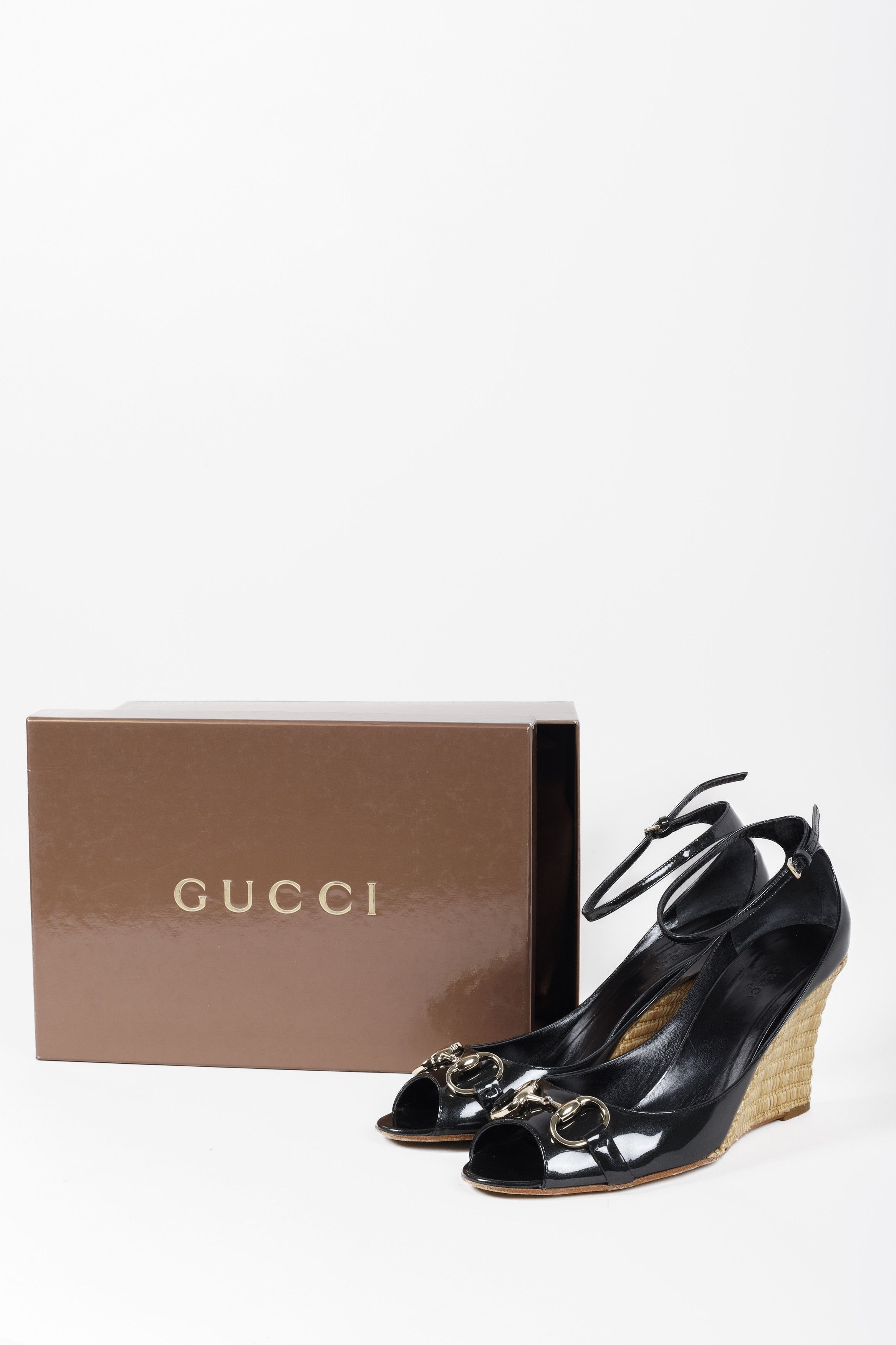 Gucci Horsebit Black Patent Leather Espadrille Wedges
