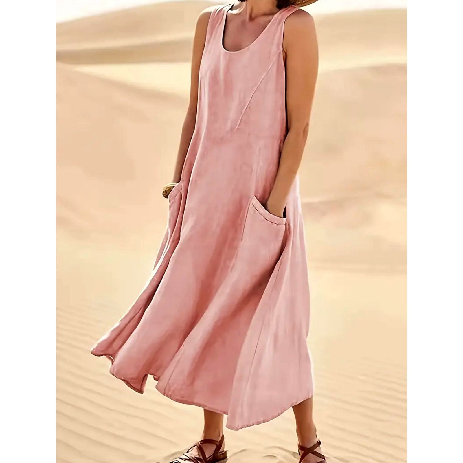 Other Sleeveless 100% Cotton Midi Dress Pockets Pink Red size 14 Size XL / US 12-14 / IT 48-50 - 2 Thumbnail