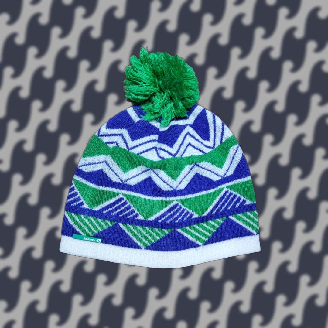Salomon VINTAGE Salomon Beanie Hat One Size Pom Pom Striped Knit Size ONE SIZE - 1 Thumbnail